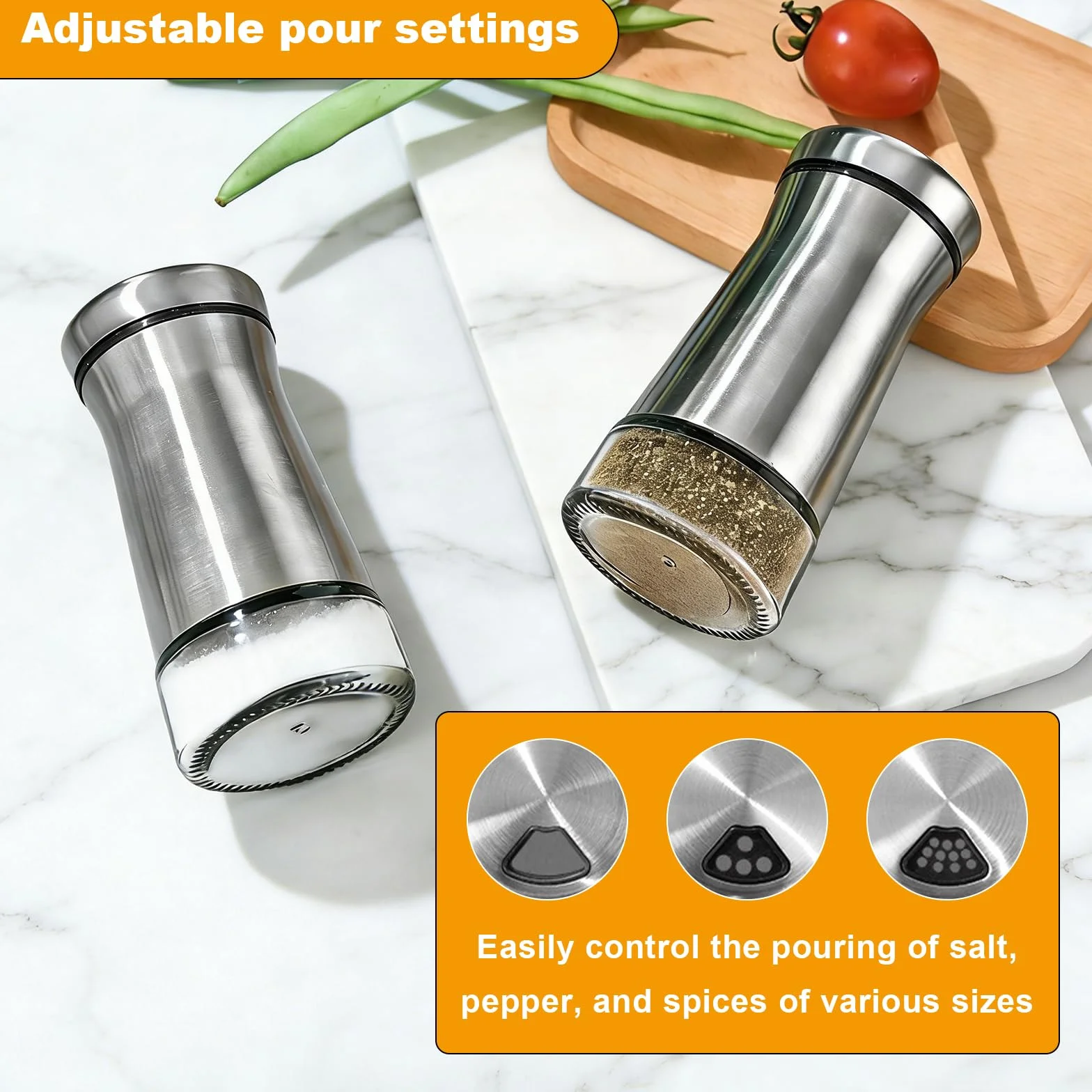 Salero y Pimentero de Cristal con Tapa Ajustable Acero Inoxidable Juego de Tarros de Especias para Cocina