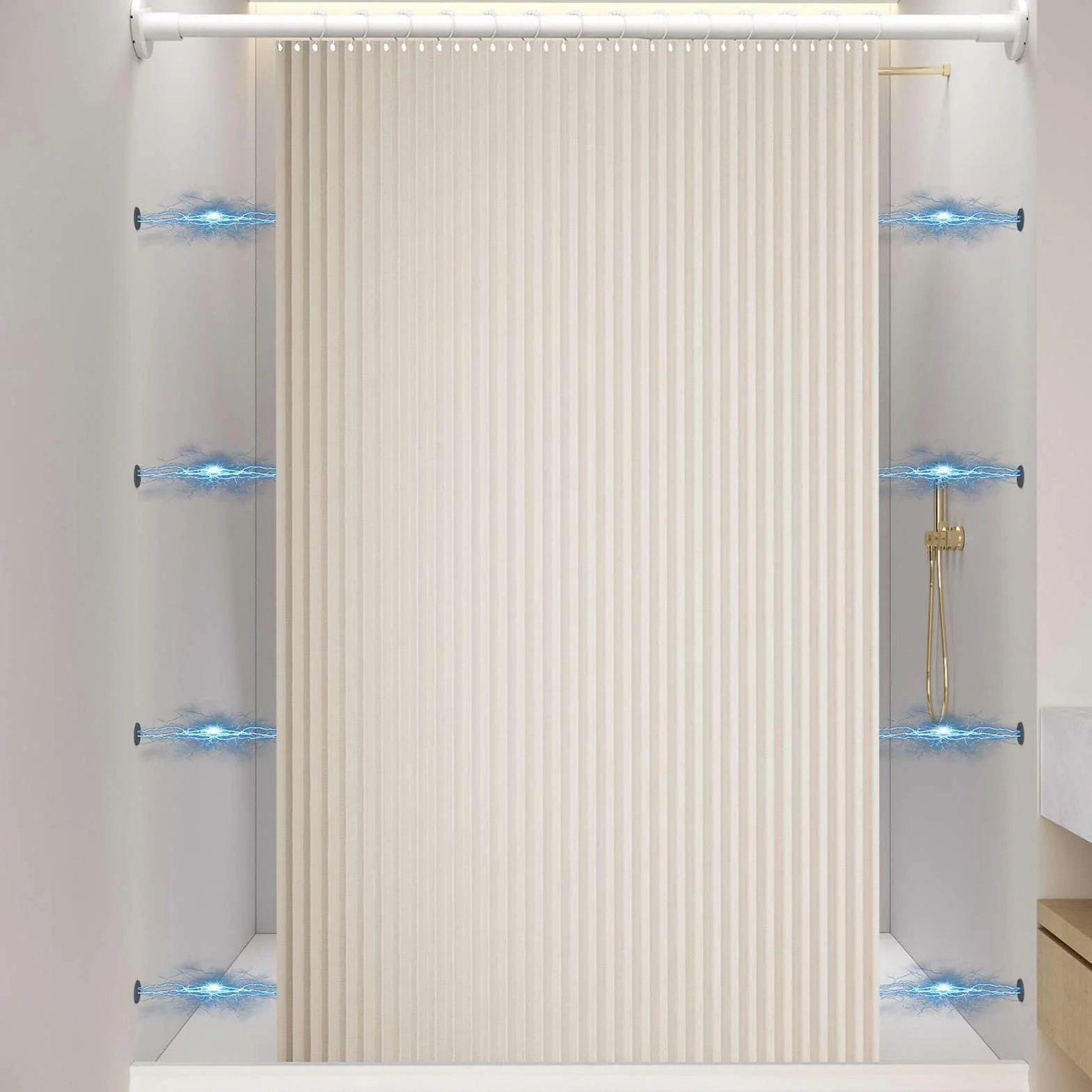 Cortina Ducha Impermeable Magnética Plegable, Beige, 180x180cm | Cortina Ducha de Lino antimoho con imán a Prueba de Salpicaduras y Ganchos