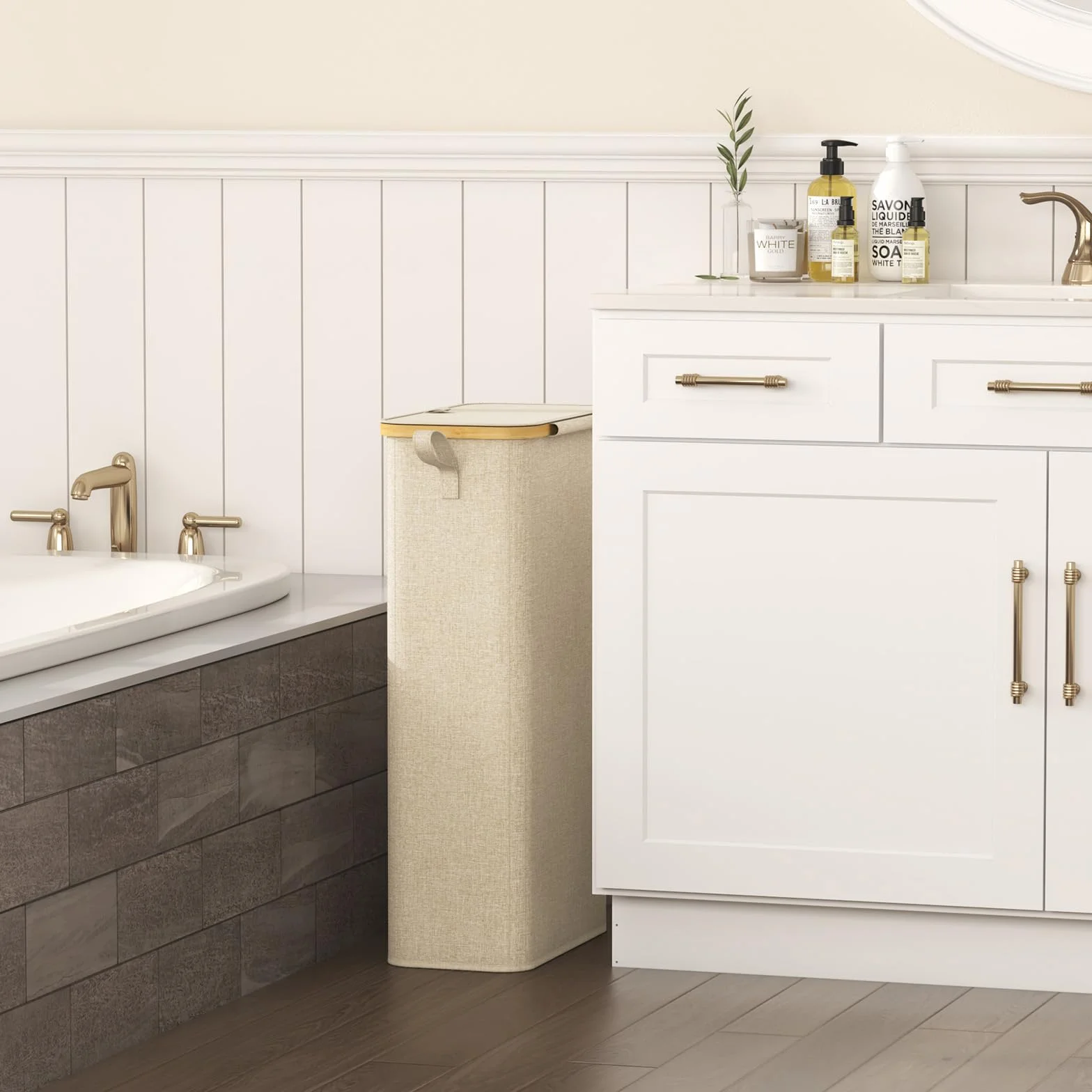 Lifewit Cesto Ropa Sucia Estrecho con Tapa, Cesto de Ropa Plegable con Bolsa Extraíble y Asa, Cesta Ropa Sucia de Bambú, Cubo de Ropa para Dormitorio, Baño, Lavandería, Dormitorio, 70 L, Beige