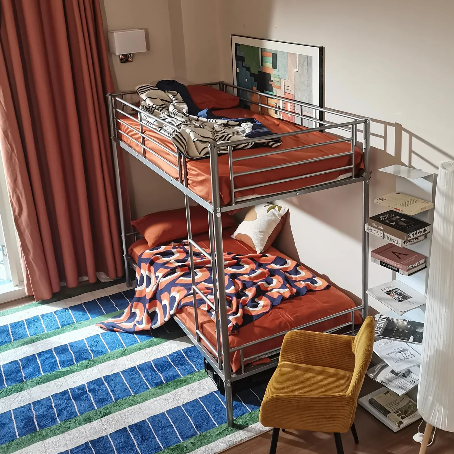 MEUBLE Cosy Litera Marco de Cama Infantil 90x190cm de Metal con Escalera y Somier de Listones Estructura Tubular para Niño Dormitorio Casa, Estilo Industrial, Gris