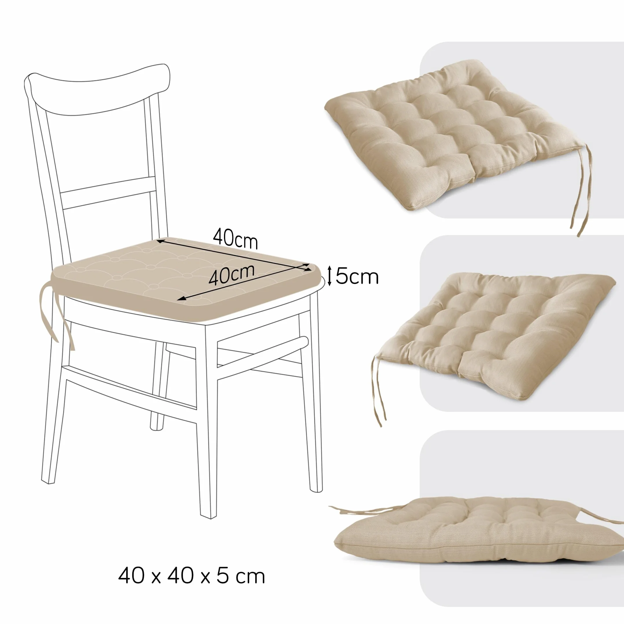 MANEMI Pack 6 Cojines para Silla 40x40x5cm - Cojín Decorativo con Textura de Bambú para Silla, Sofá o Comedor - Juego de Cojines de Asiento Estilo Rústico y Transpirable con Cintas de Sujeción
