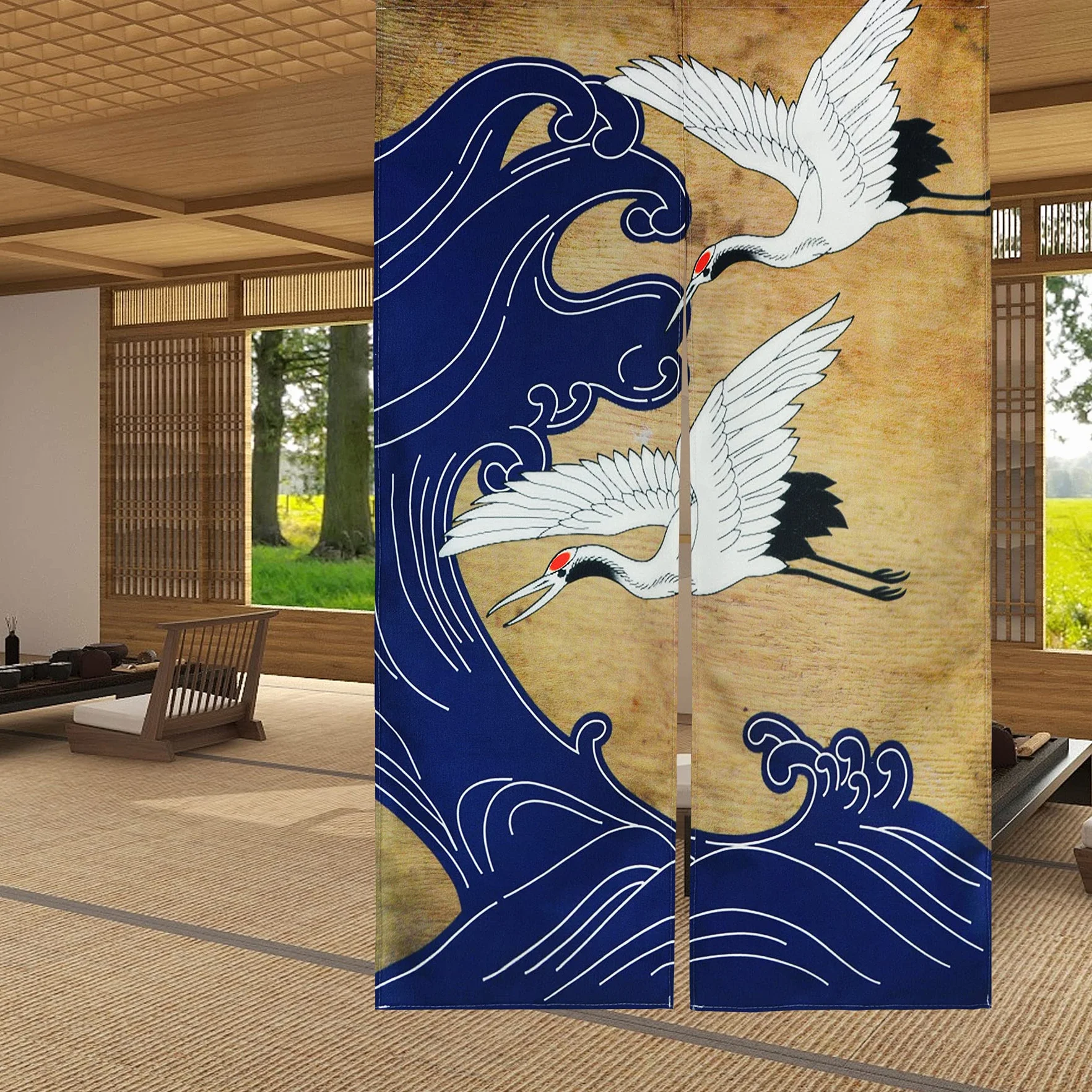 LIGICKY Cortina Retro Japonesa Noren de Lino Blanco con diseño de Ondas Azules para Ventana asiática para Colgar en la Puerta de Sushi, Cocina, decoración del hogar, 85 x 150 cm