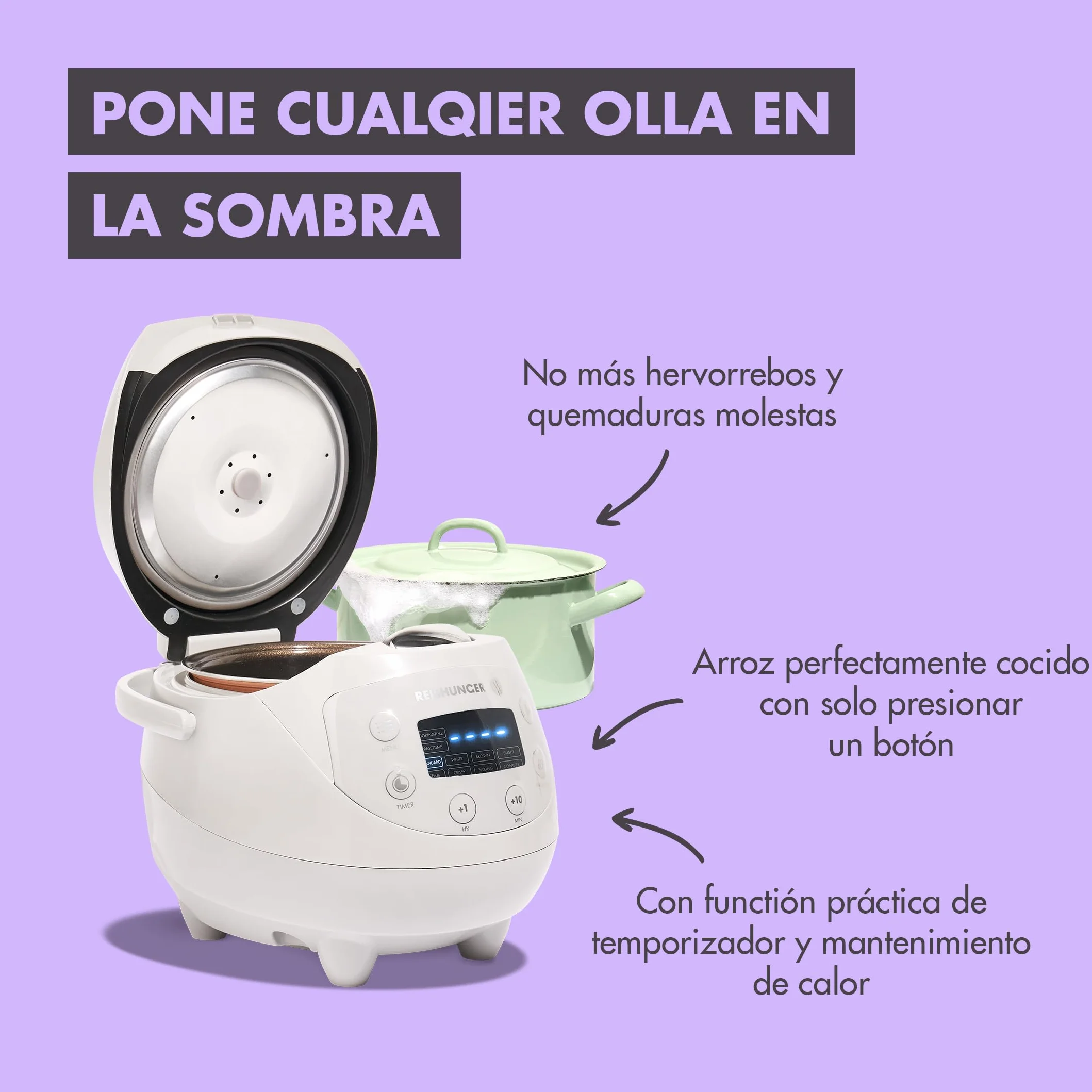 Reishunger Mini Olla Arrocera Eléctrica y Vaporera en Negro hasta 3 Personas (0.6 l) – Hervidor de Arroz con 8 Programas - Con Pantalla LED y Función Automática de Mantenimiento del Calor