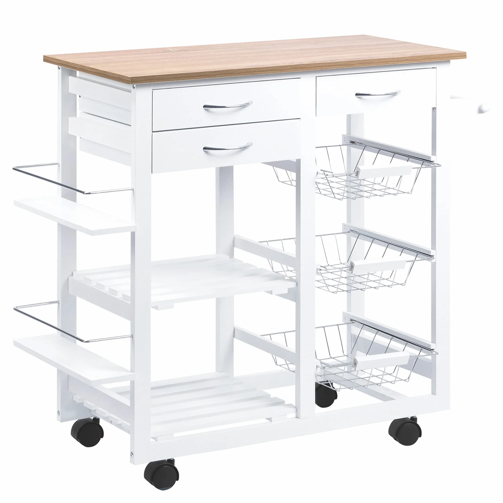 HOMCOM Carrito de Cocina Carro de Almacenamiento con Cajones Cestas Estantes para Especias Toallero Ruedas 92x37x82 cm Blanco