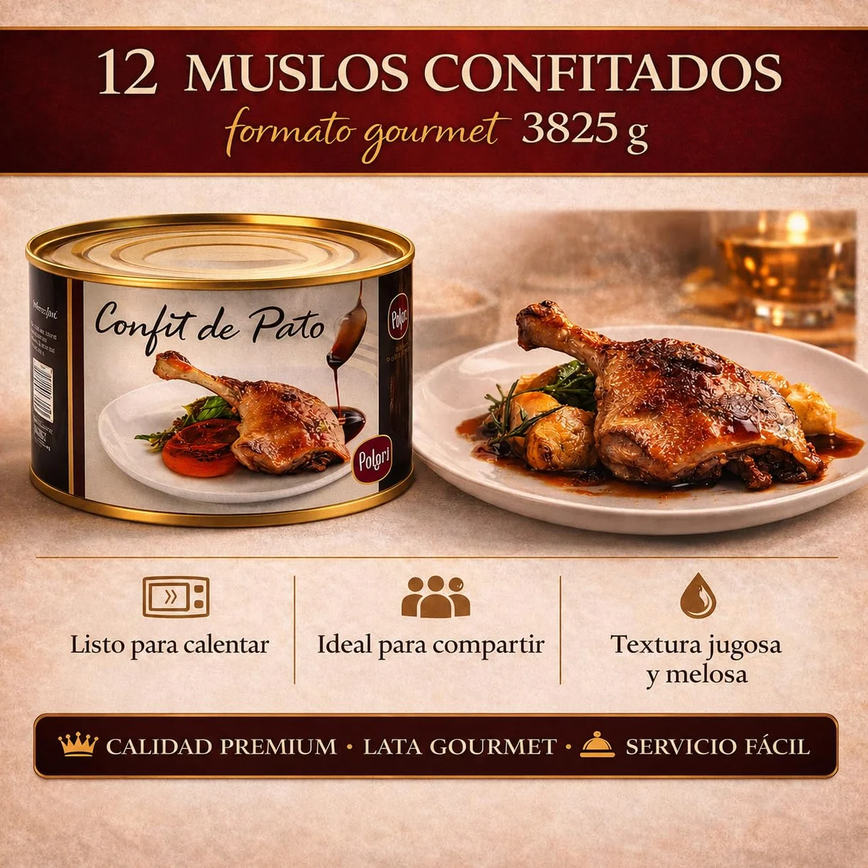 POLGRI Confit de Pato Muslos Confitados Gourmet 3825 g 12 Unidades Carne de Caza Premium