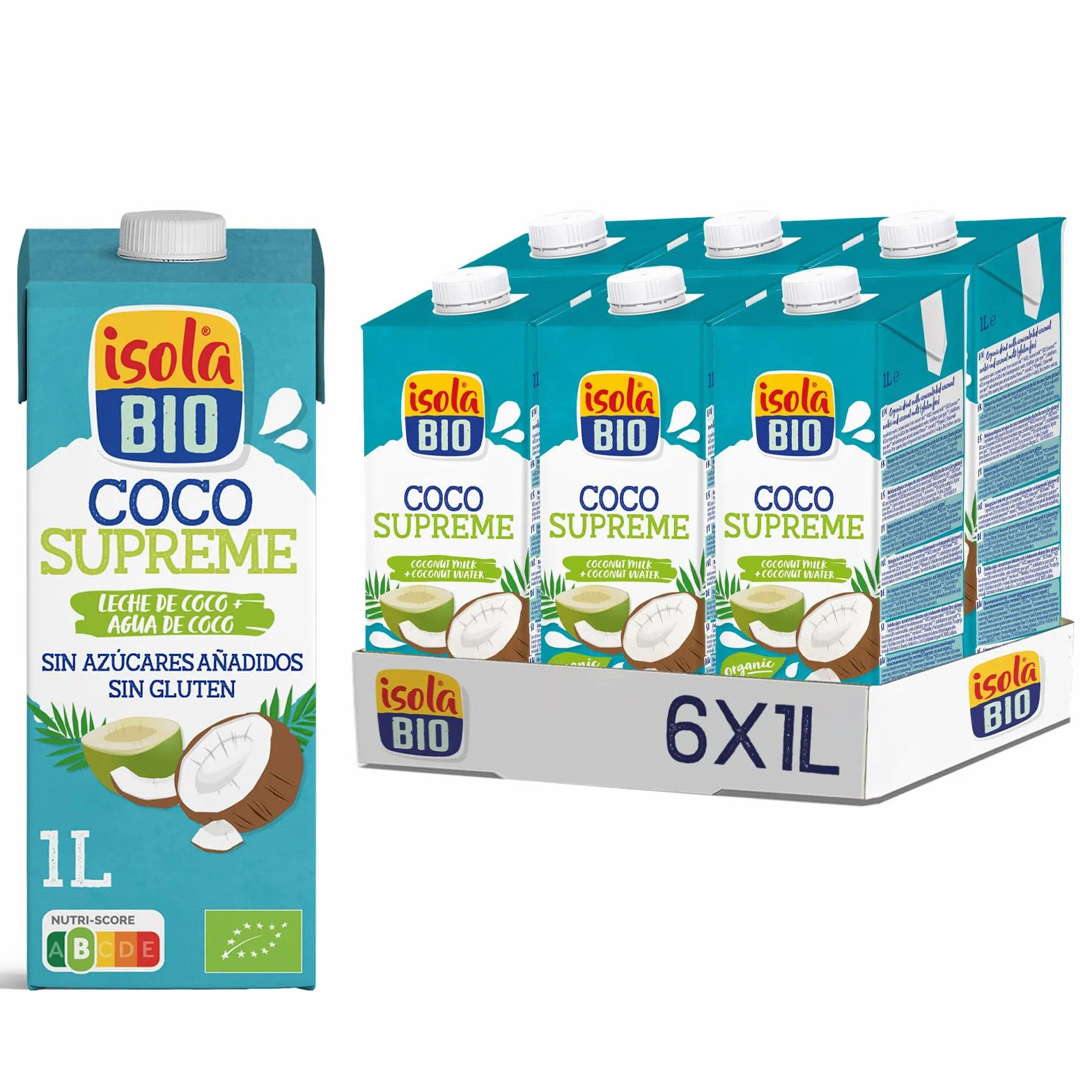 Isola Bio Bebida Ecológica Vegetal de Coco Supreme Pack 6 x 1 L Sin Azúcar Añadido Libre de Gluten Vegano