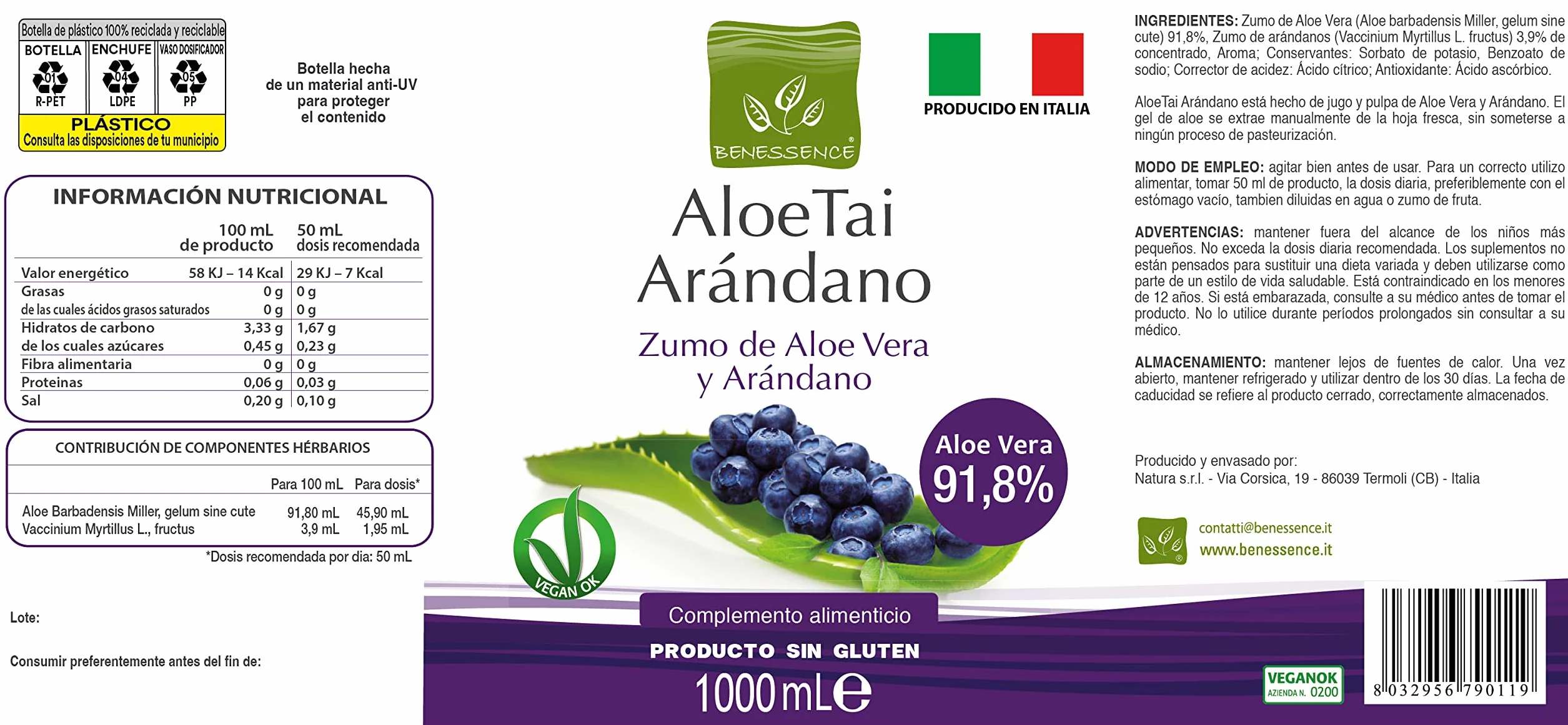 Benessence Jugo De Aloe Vera y Arándano 1 L
