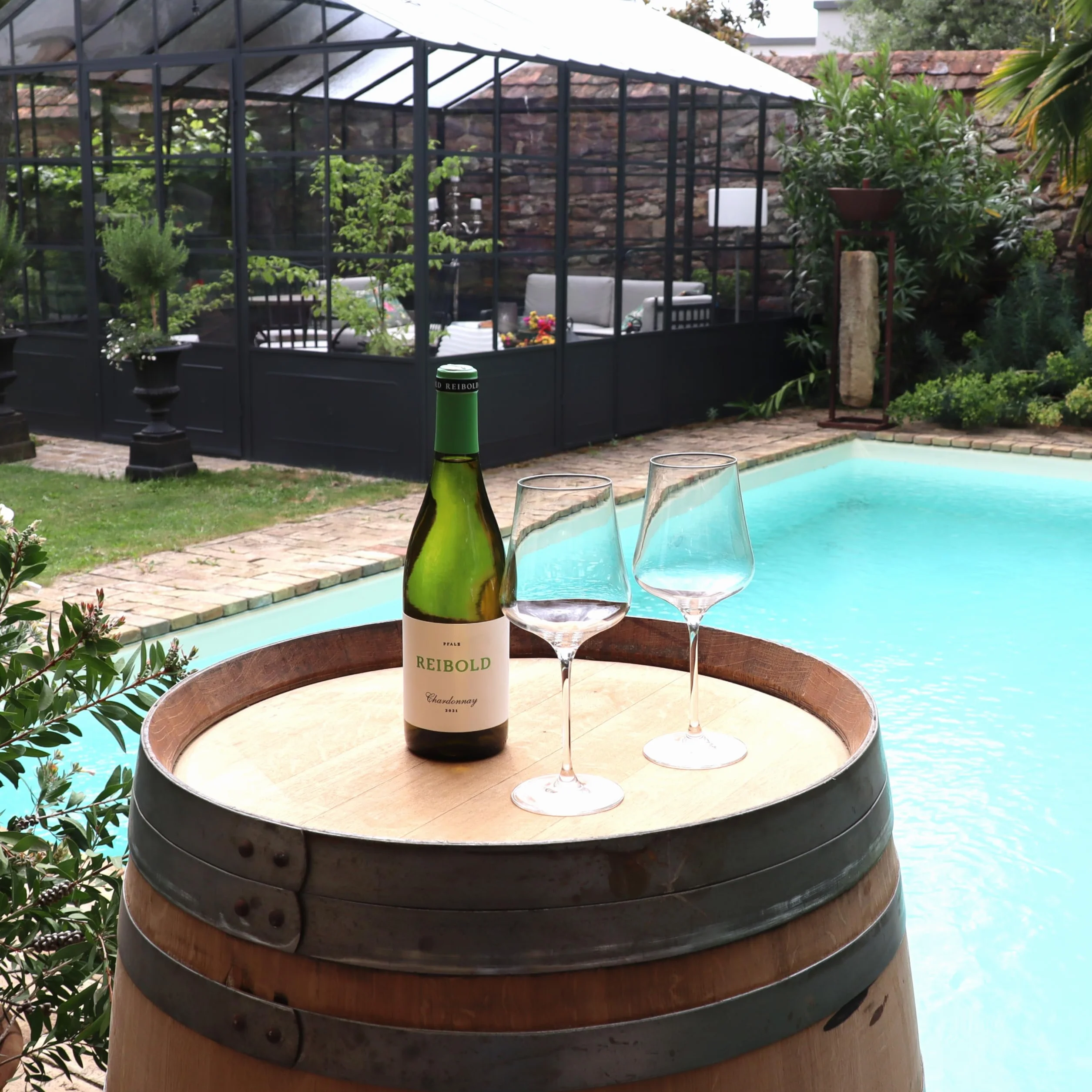 Barrica de vino auténtica de roble para decoración de jardín, de 225 litros