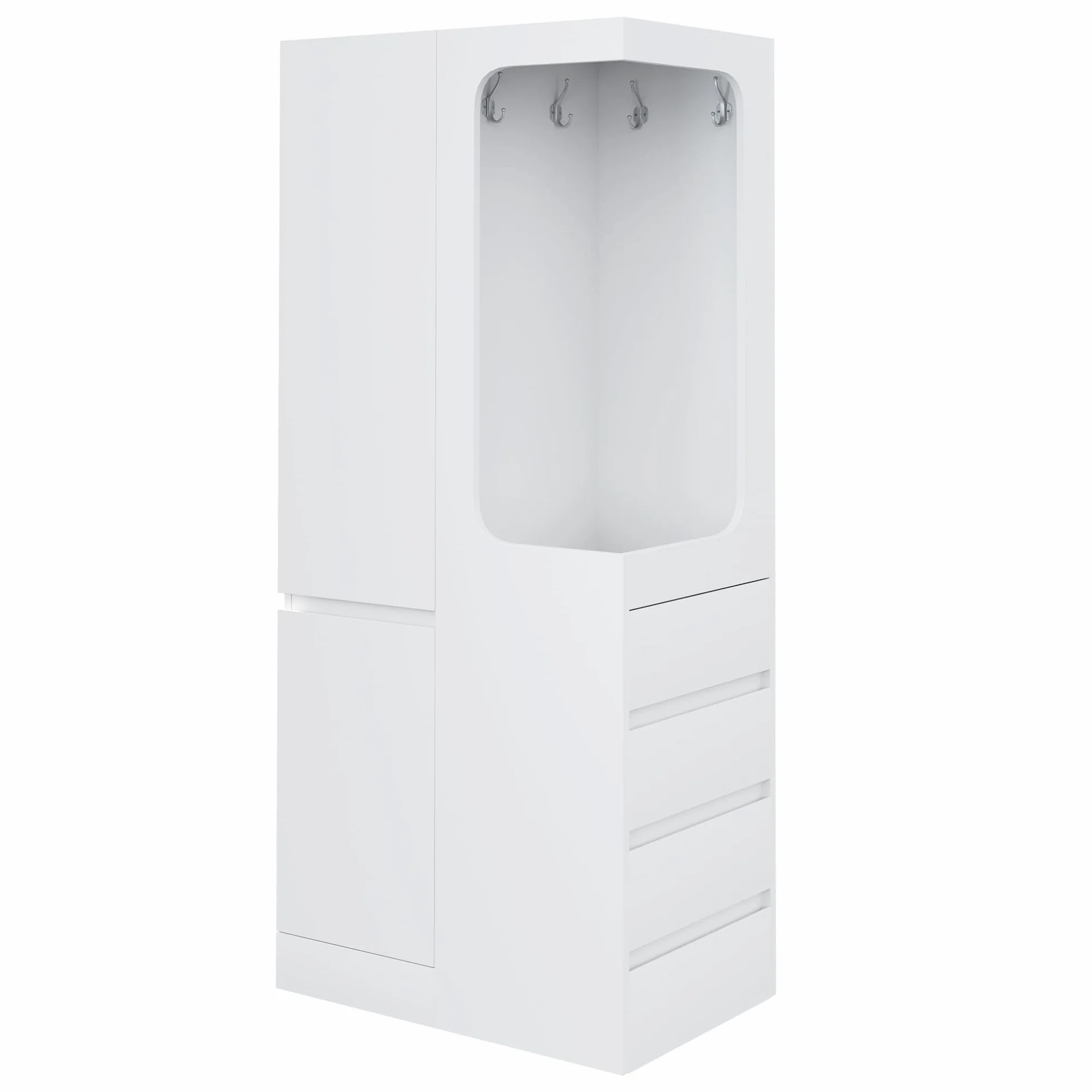 Armario, con cajones y compartimentos de almacenamiento, área abierta para ropa, una puerta (Blanco-1)