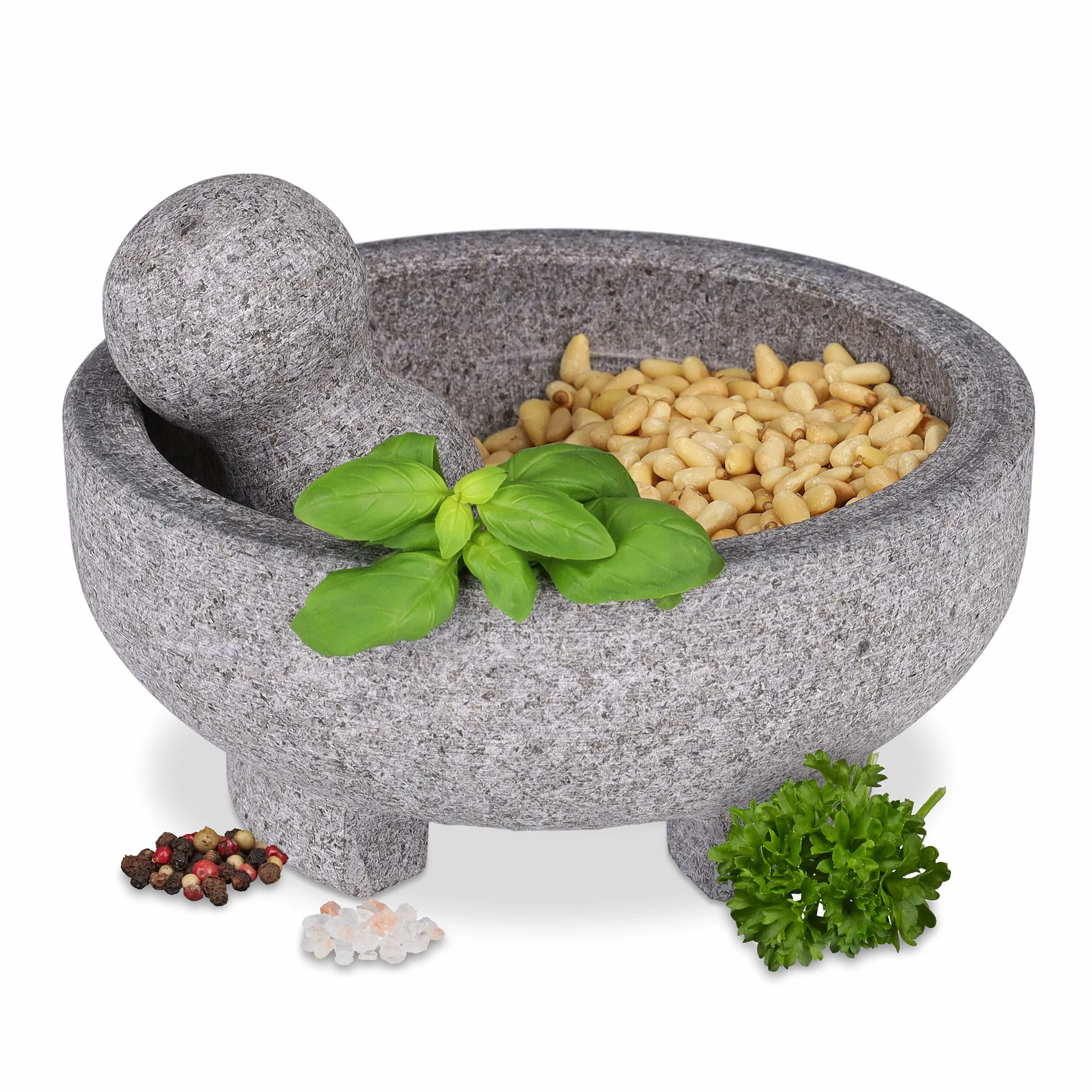 Relaxdays Mortero Granito con Mano, 9 x 20 cm, Resistente, Duradero, Moledor Piedra sin Pulir, Especias y Hierbas, Gris