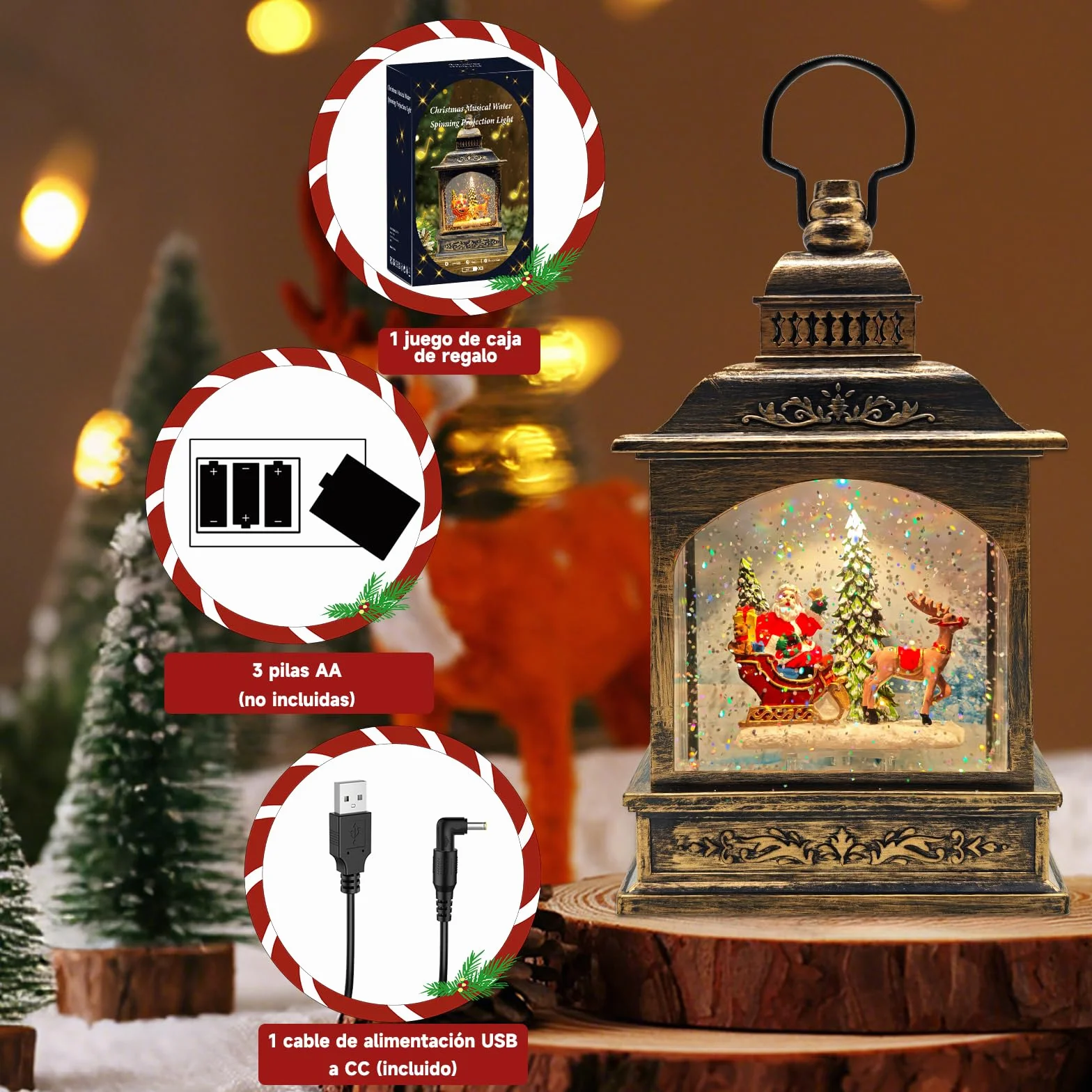 Globos de Nieve Navideños Musicales YYKY con Escena de Papá Noel, Linternas Navideñas Giratorias Luminoso 8 Canciones LED