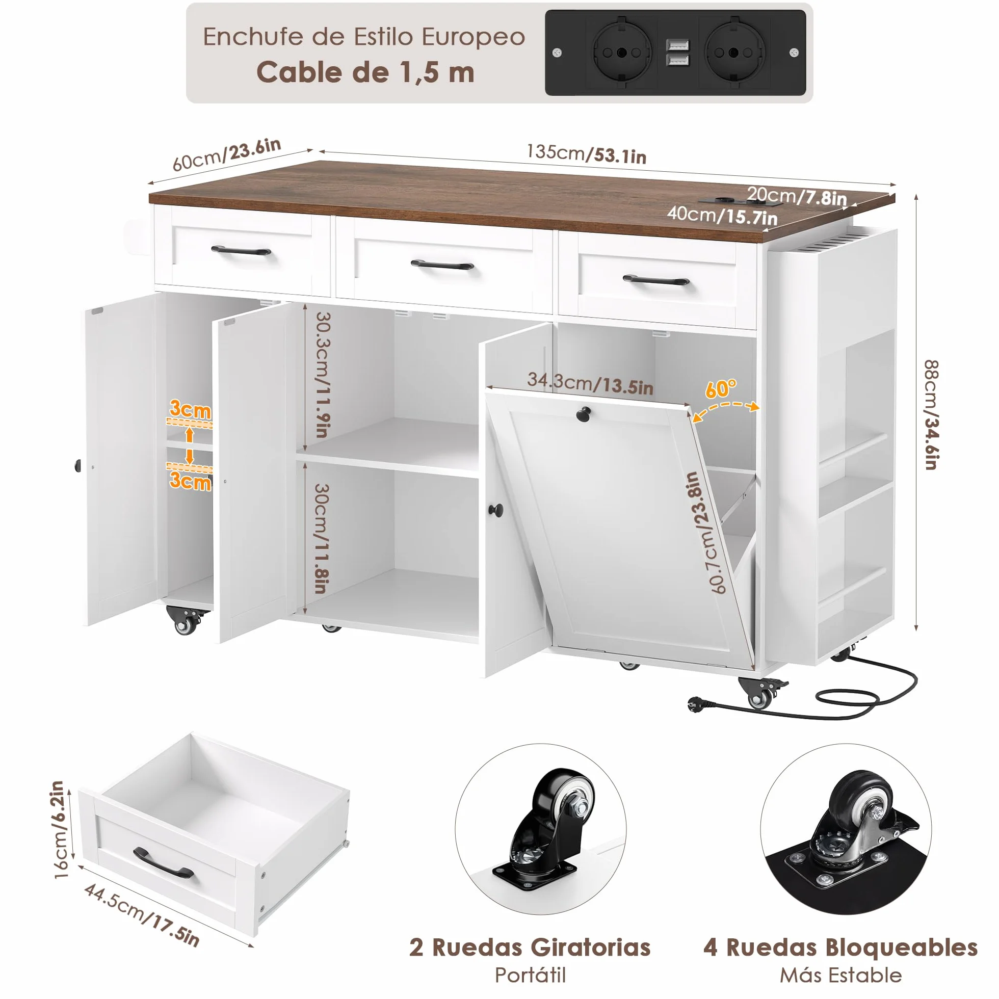 FirFurd Isla Cocina con Ruedas Carro de Cocina Carrito de Comedor Aparador con 3 Cajones Mueble Cocina Auxiliar con Mesa Plegable, Eenchufe, Especiero y Toallero, Blanco 135x60x88cm