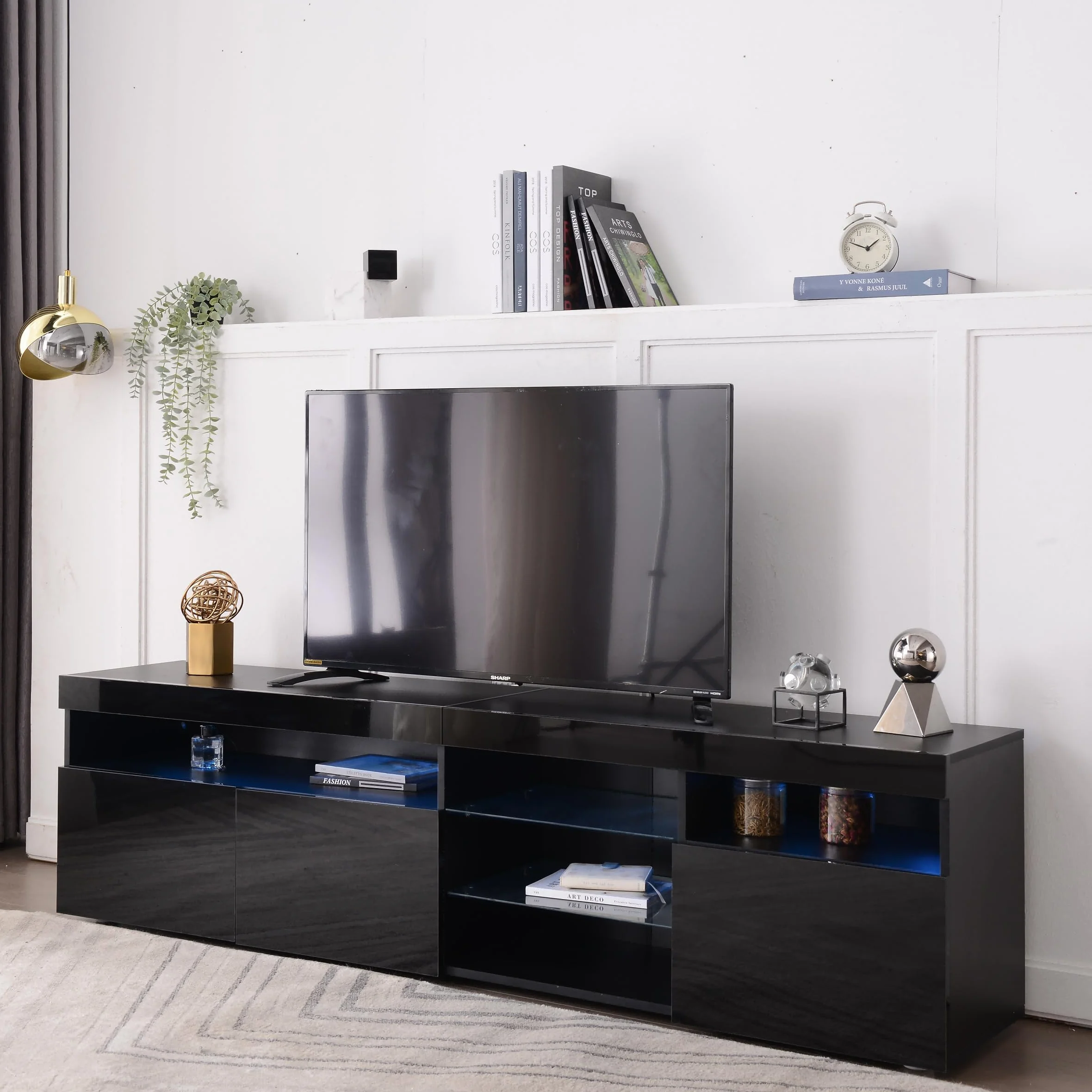 Azkoeesy Mueble TV con iluminación LED, 180 cm, Mueble de televisión, 3 Puertas y Estante de Cristal, Negro Brillante