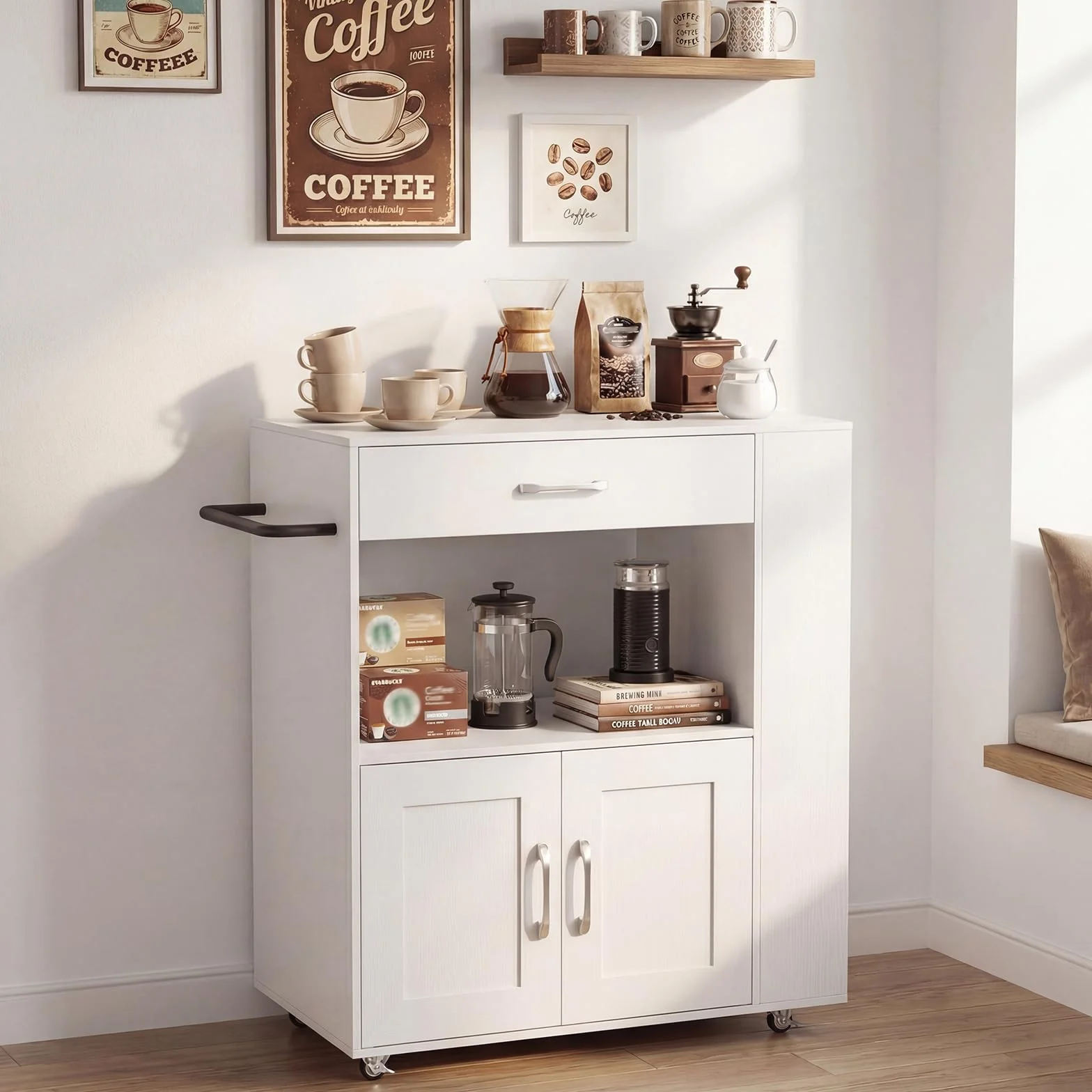 GIANTEX Carrito de cocina con ruedas, isla de cocina con encimera, isla de cocina móvil de madera, armario de cocina, carrito de servicio con cajón y 3 estantes, carrito de cocina (blanco completo)