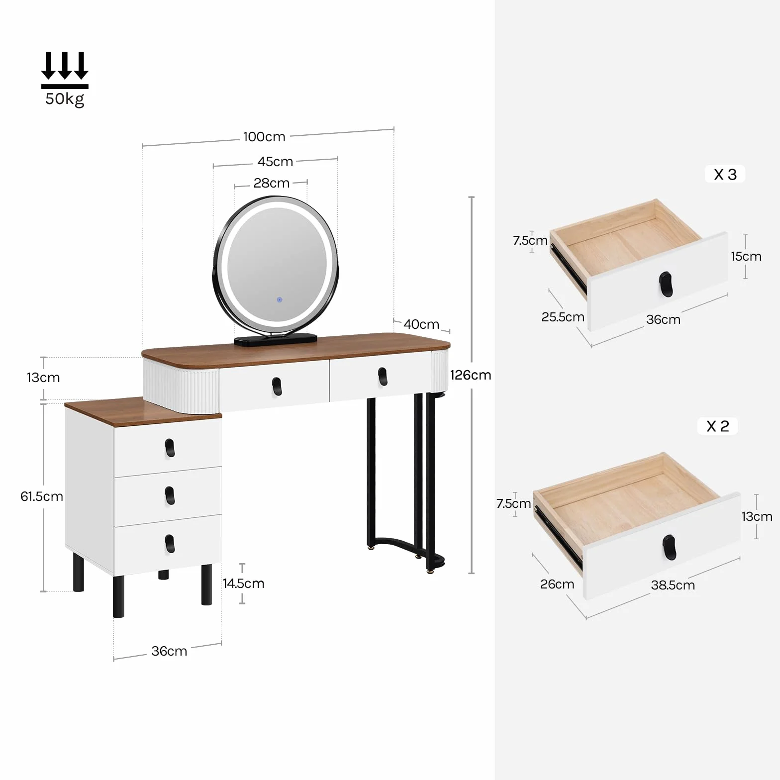 WOLTU Tocadores Maquillaje, Mesa tocador, con Espejo Redondo, Luz Regulable en 3 Niveles, Tocador con Cajonera de 5 Cajones, Marrón Naranja, MB6109hdob