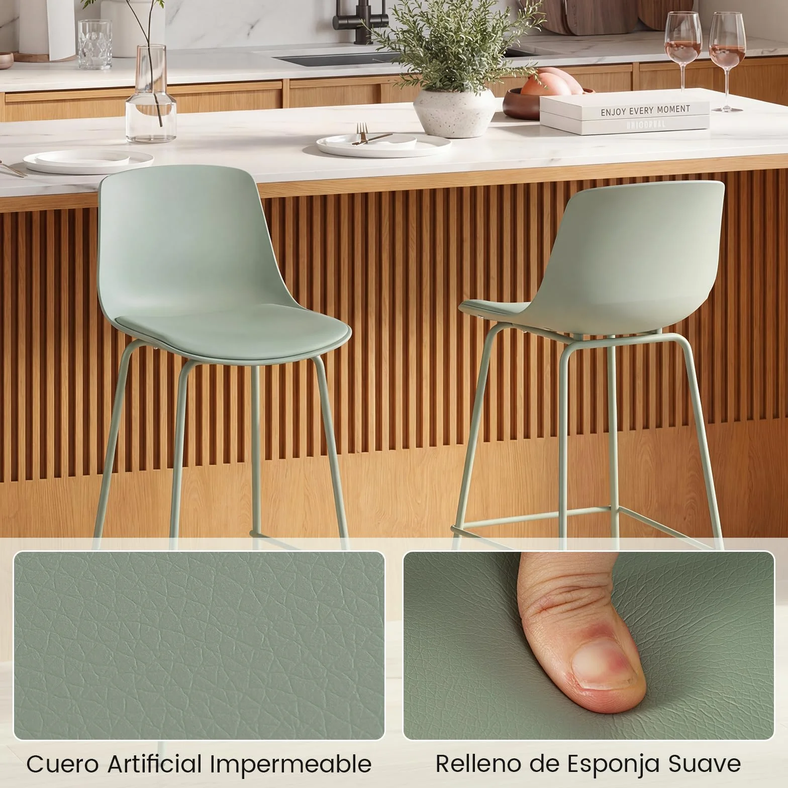 COSTWAY Juego de 4 Taburetes de Bar, Altura Asiento 76 cm, Taburetes Altos de Cocina con Respaldo, Asientos Acolchados, Reposapiés y Patas Metal, Silla Altas de Bar para Isla Cocina y Comedor, Verde
