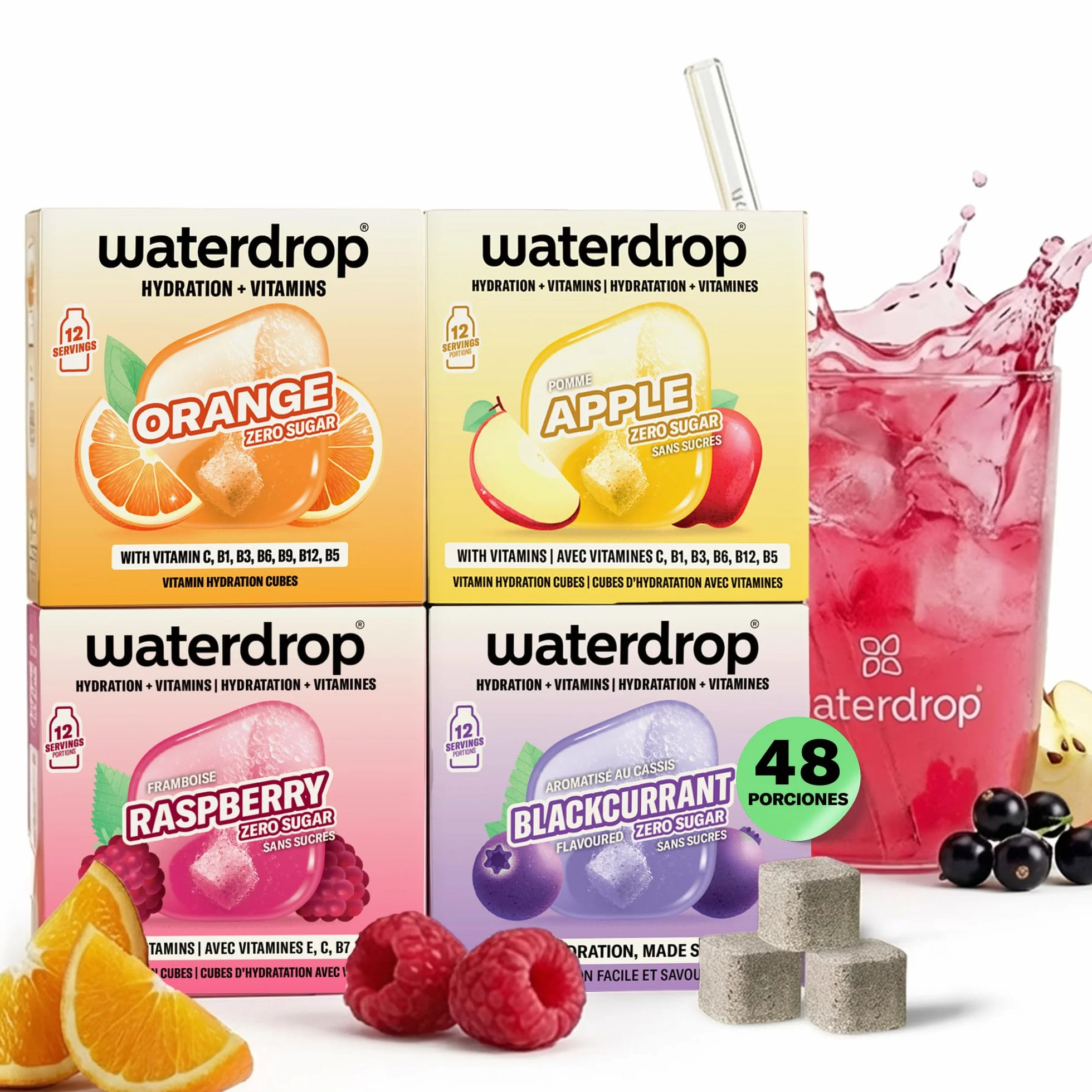 Waterdrop Microdrink Set Mix Clásico, 48 Pastillas Saborizantes para Agua, 4 Sabores Afrutados Sin Azúcar, Baja en Calorías con Vitaminas
