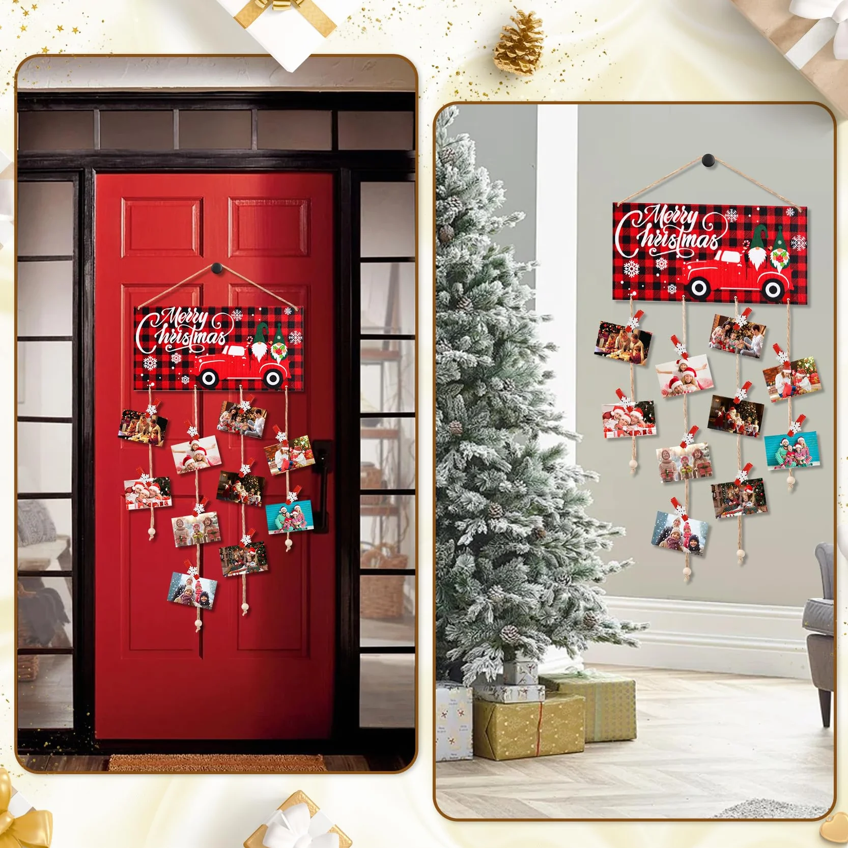 Tarjetero de Navidad de madera para colgar en la pared con 30 clips de fotos de madera de copo de nieve para pared, exhibición de tarjetas de felicitación de Navidad para decoración de pared de fiesta
