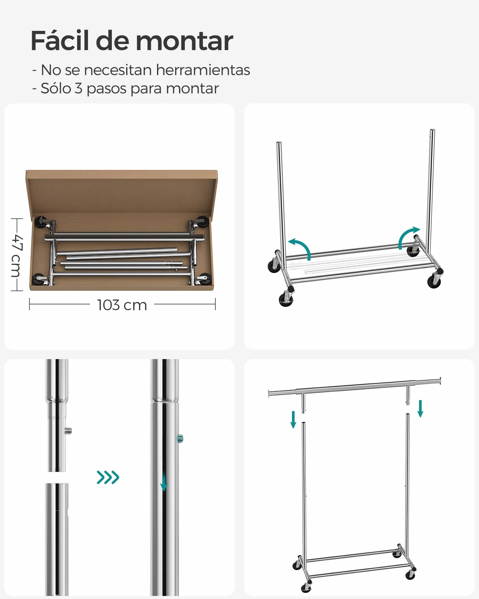 SONGMICS Burro Ropa con Ruedas Extensible 100 kg 45 x 92-132 x 161,5 cm Plata HSR13S