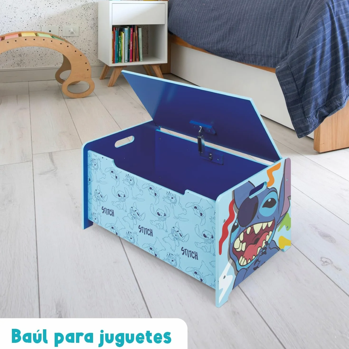 Banco juguetero de madera Stitch Disney 62.5x40x37cm azul