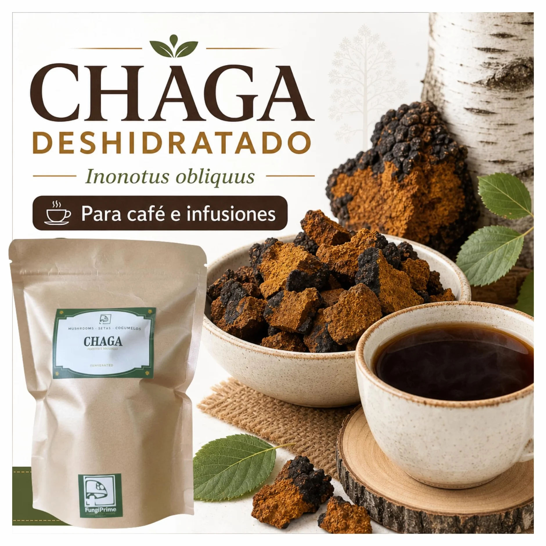 Chaga Deshidratado Premium 75 g Inonotus obliquus antioxidante natural para café té e infusiones