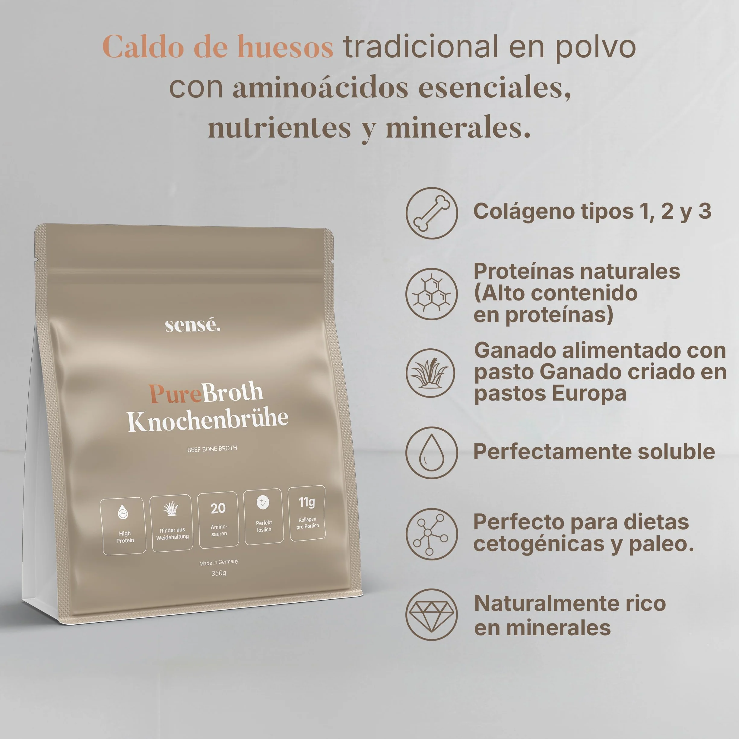 Polvo de caldo de huesos de ganado de pasto bioactivo 350 g colágeno tipo 1,2 y 3 alto contenido en proteínas