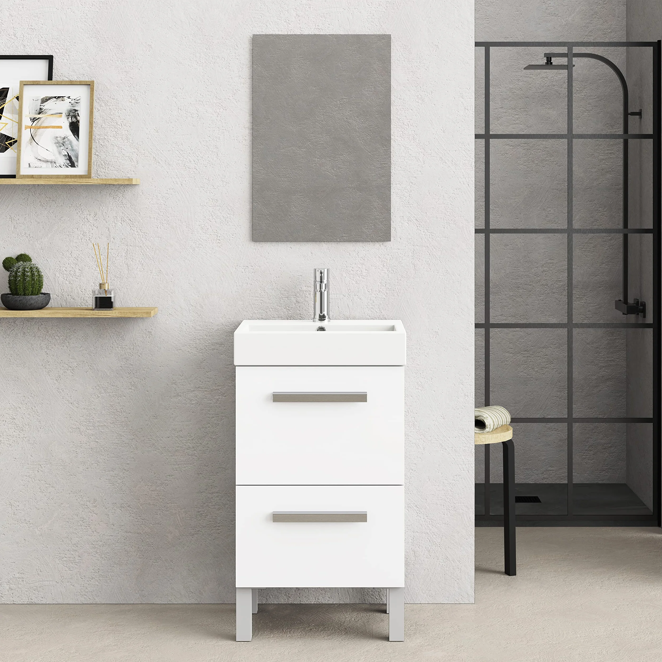 Baikal Conjunto De Mueble De Baño 45cm. Incluye Mueble con Lavabo. Melamina 16mm. Mueble MONTADO. Lavabo Encastrado. con Espejo Puerta Abatible + Cajón Blanco