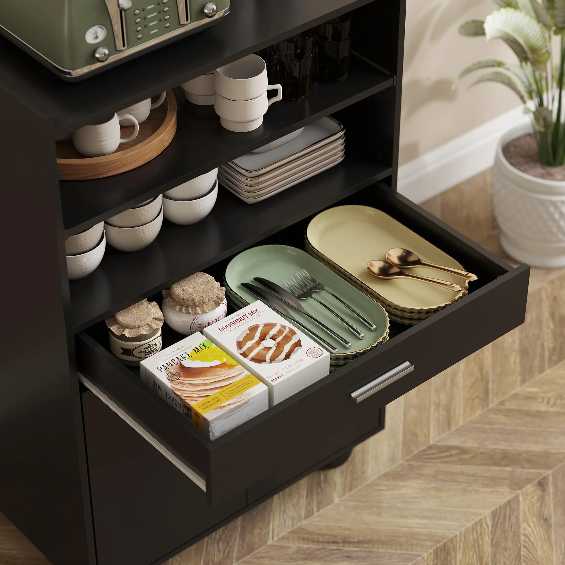 HOMCOM Armario Microondas con Ruedas, Aparador de Cocina con Cajón, Encimera para Electrodomésticos, Armario con 2 Puertas, Estante Extraíble y Abierto, Carro de Cocina para Salón, 59x40x92cm, Negro