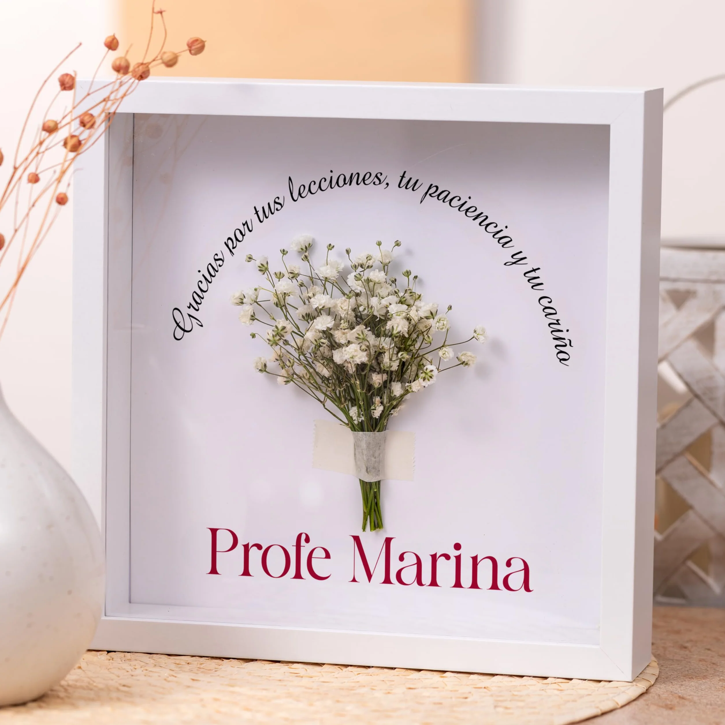 Marco con Profundidad de Madera 21,5cm x 21,5cm x 4,5cm Personalizado con Ramo Flores para el profe como Regalo Original para Profesores