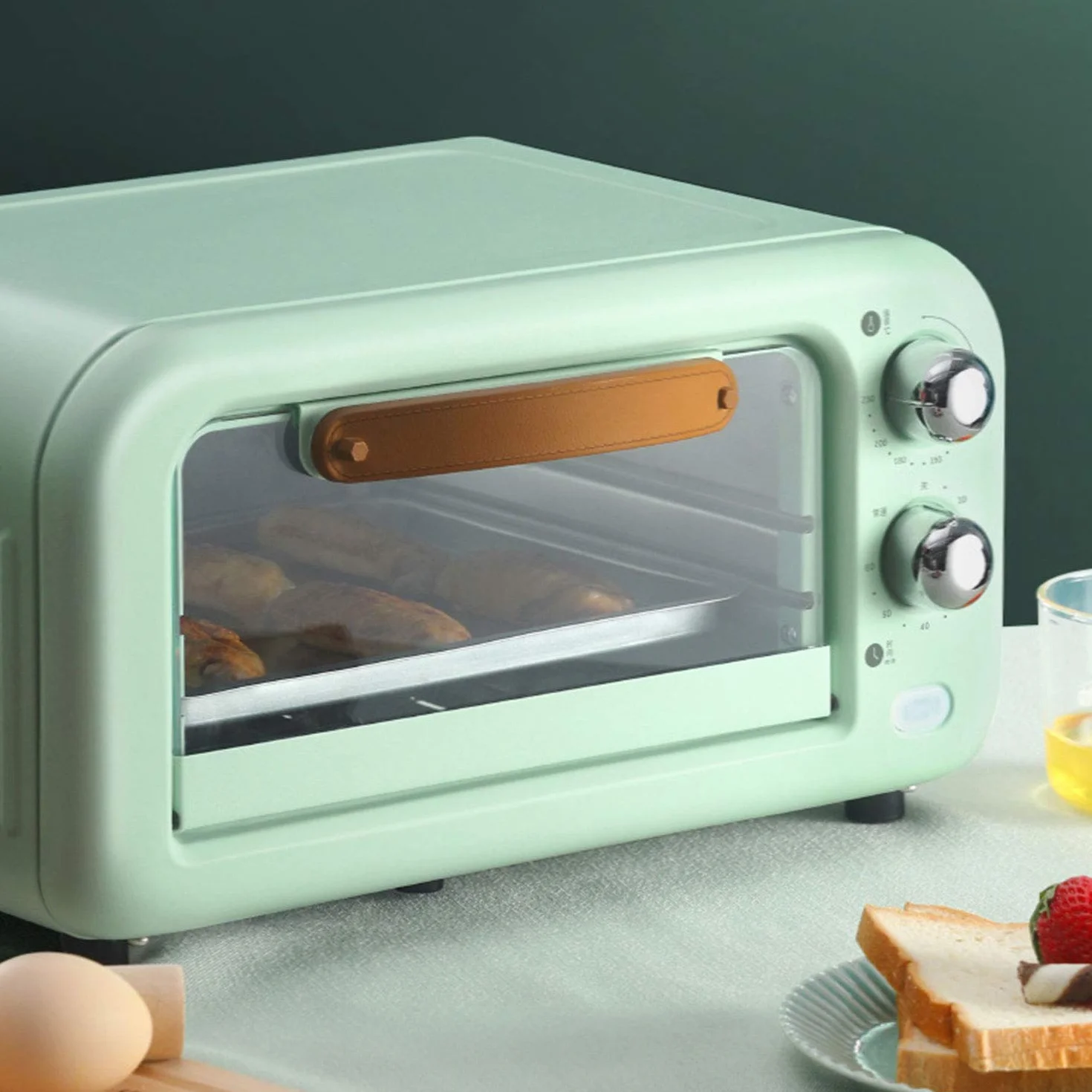 Mini Horno Compacto de 12 L, Retro y Ligero, Temperatura controlada Desde 90-230 °C/60 Minutos, Temporizador con Apagado automático, 800 W, Puerta de Vidrio Templado,Verde
