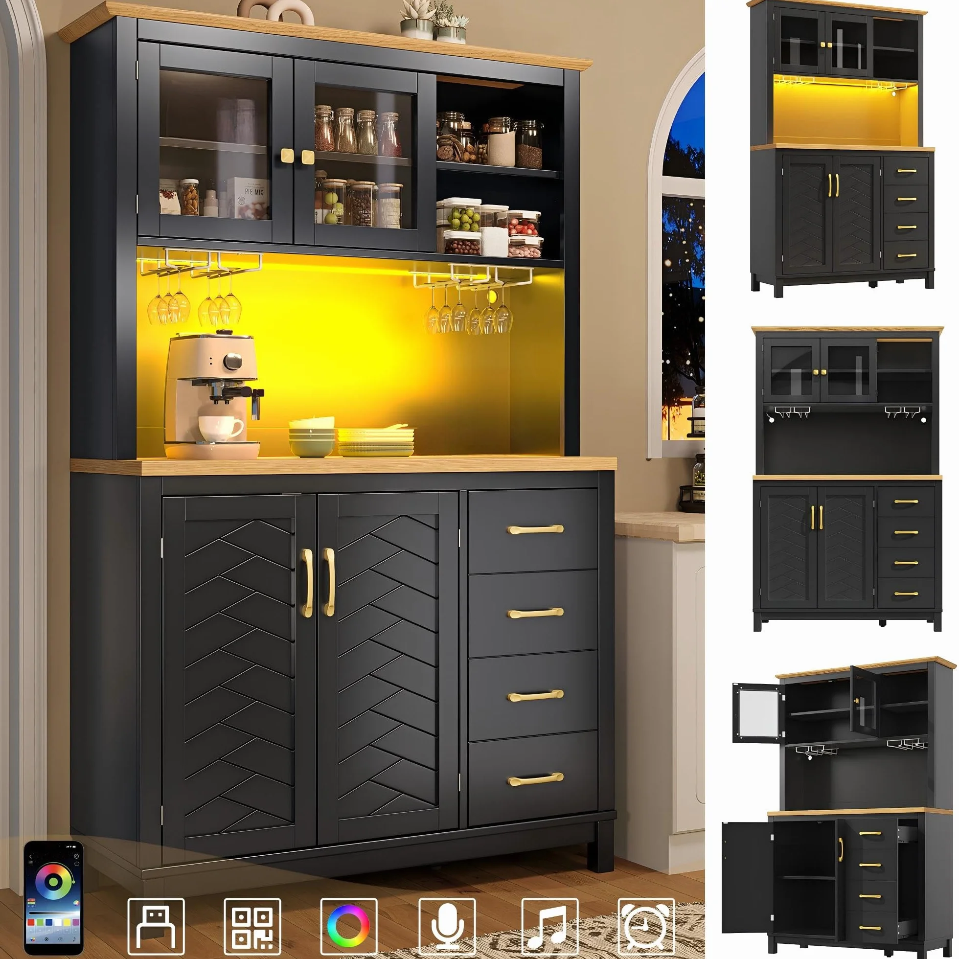 Armario Cocina Alto con Luz LED y Almacenaje, Aparador Cocina con Cajón y 4 Puertas, Mueble Aparadores Alacena de Cocina Despensa con Portavasos y Dispositivo Antivuelco, 105.5x40x180 cm, Negro