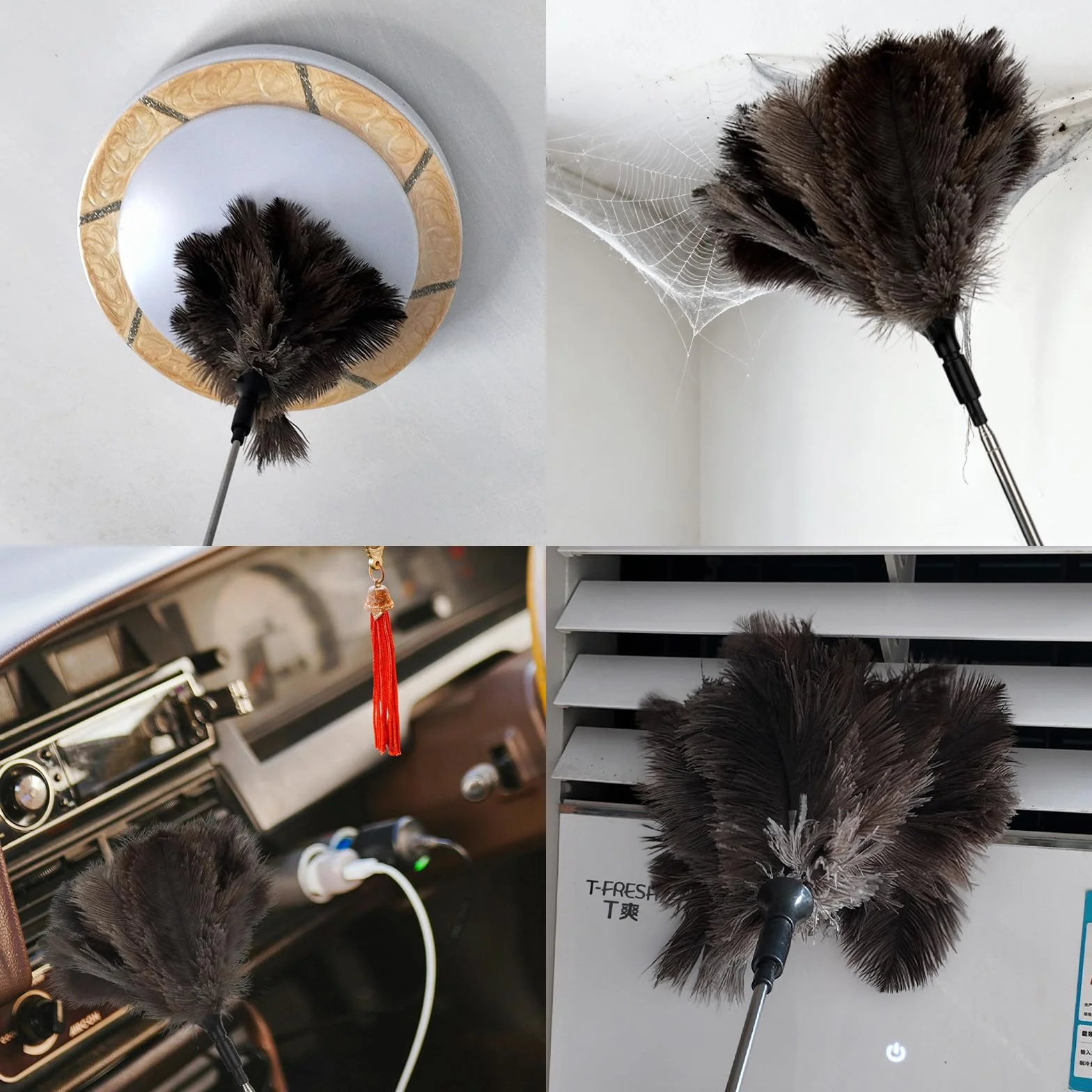 Plumero Atrapapolvo de Plumas de Avestruz - 18-120cm Plumero Telescopico Extensible, Plumeros Avestruz Lavable y Antiestático para Polvo, Telas de Araña, Techos, Muebles, Ventiladores, Coche