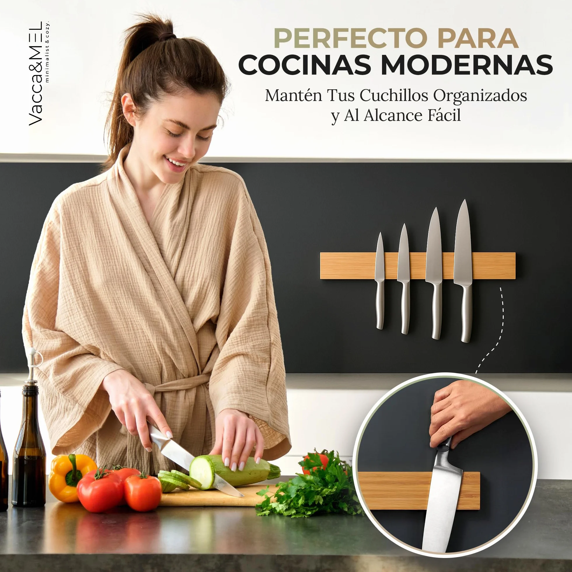 Barra Magnética Cuchillos Pared 40 cm Imán de Cocina Bambú Natural Extra Fuerte Porta Cuchillos Adhesivo Tornillos Organizador con Afilador