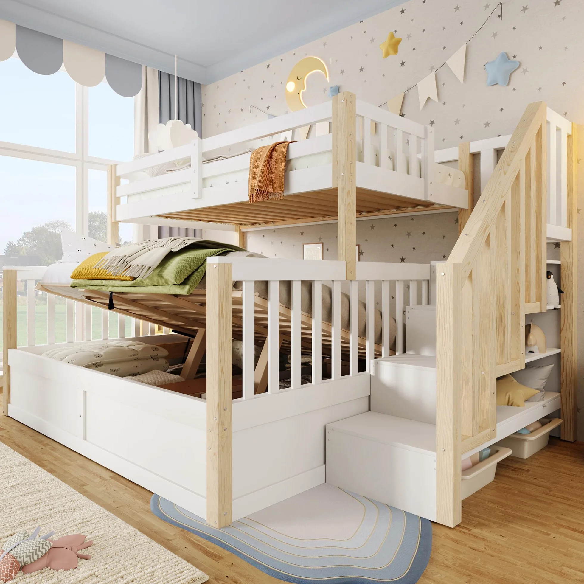 Litera 90(140) x200 cm con Almacenamiento Hidráulico y Escalera Almacenaje, Cama Litera Matrimonio para 2 Personas, Cama Infantil con Barandilla Anticaída y Lamas, Sin Colchón, Blanco+Natural
