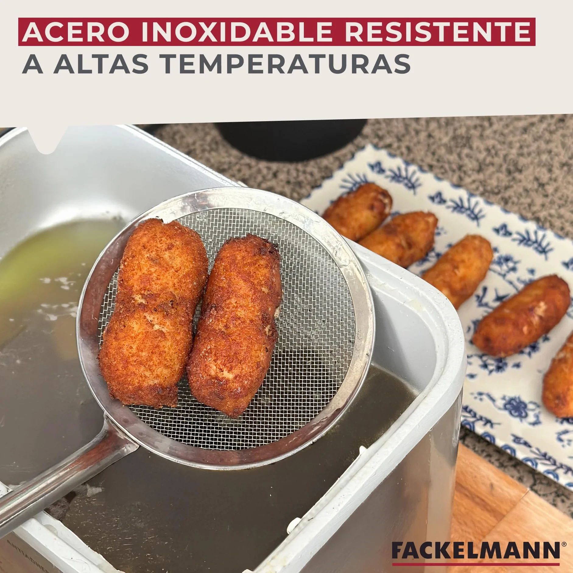 Fackelmann Espumadera de Malla, Acero Inoxidable, 30x11x8 cm, Naranja y Gris