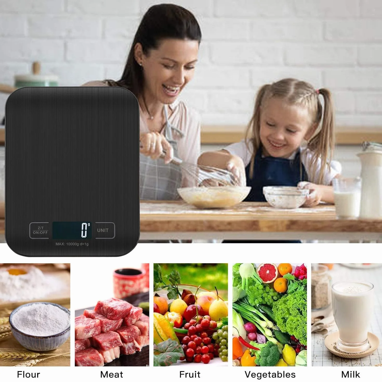 Báscula de Cocina Digital 10kg, Medición Precisa Hasta 1g, Pantalla LCD, Función de Tara (Negro)