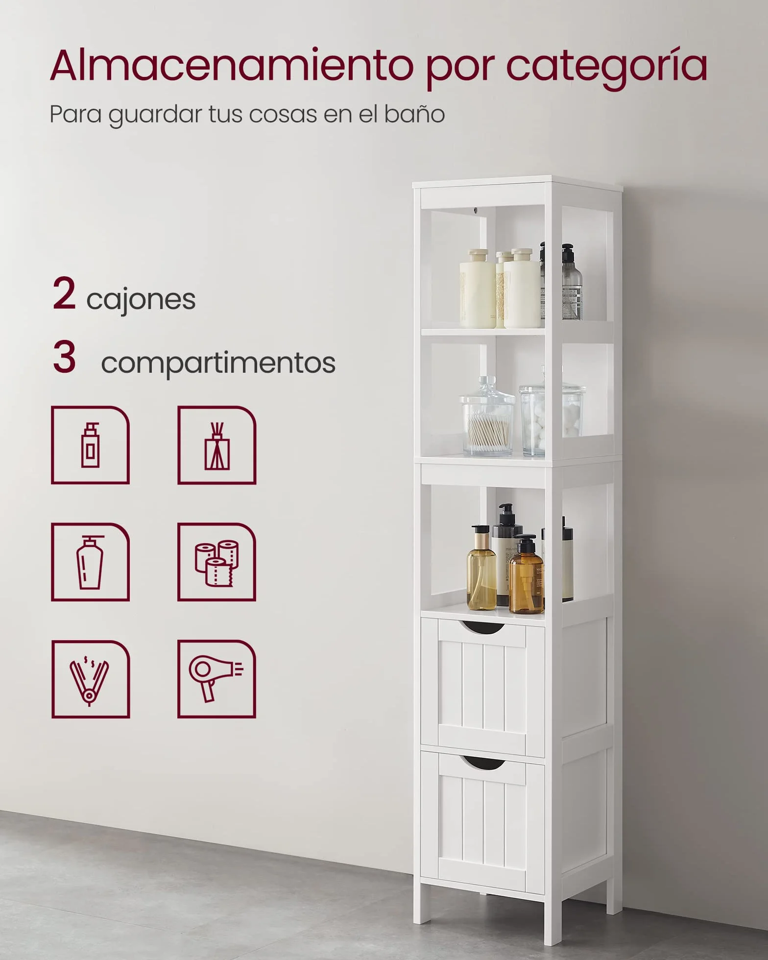 VASAGLE Mueble de Baño Armario Independiente Cómoda 2 Cajones 3 Compartimentos Blanco BBC66WT