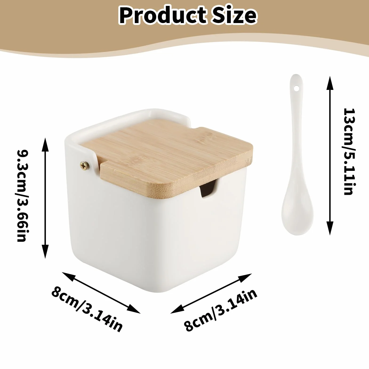 Azucarero, contenedor de sal de cerámica, para condimentos, tarros de especias con tapa de bambú y cuchara de cerámica para el hogar y la cocina (A)