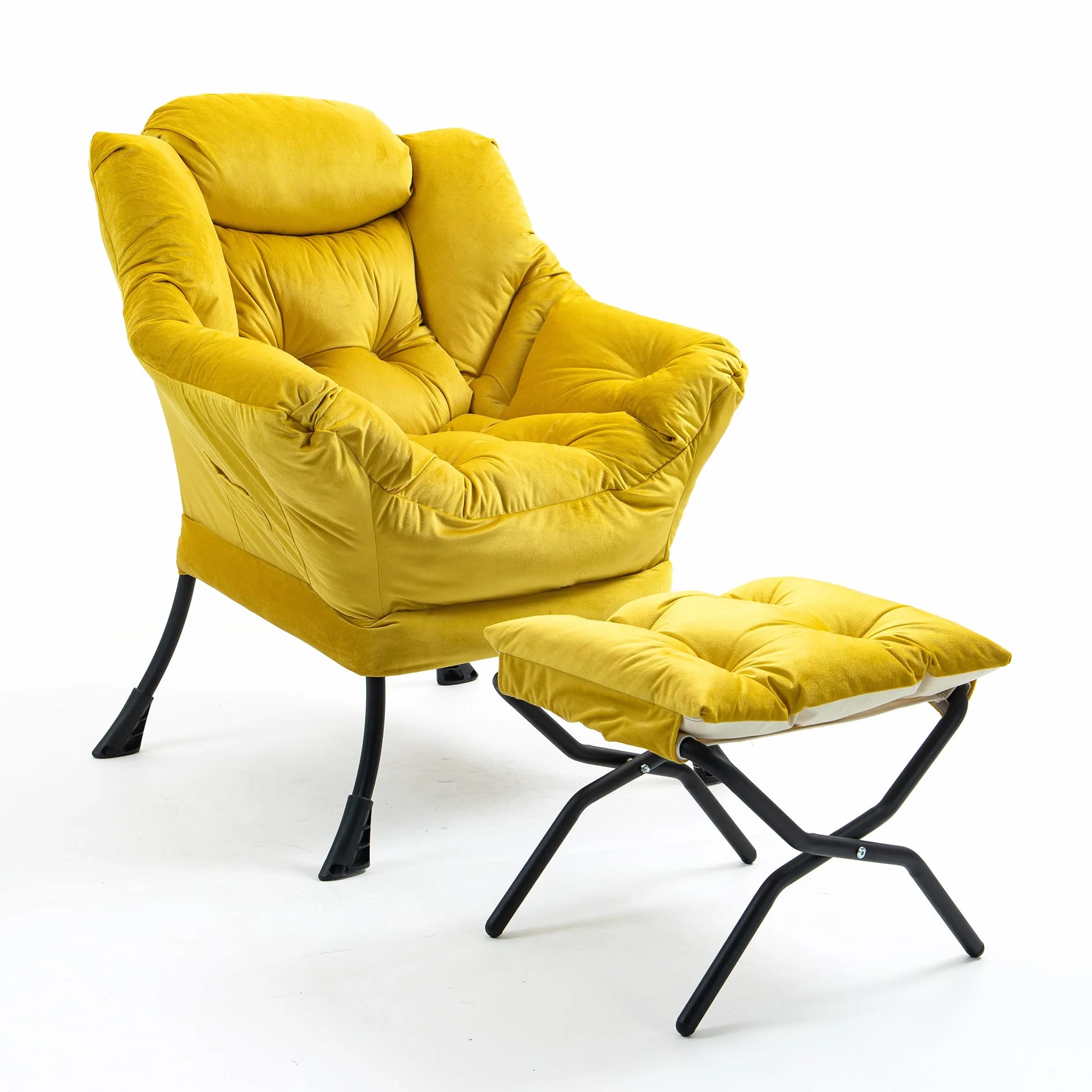 TIANSHU Sillon Relax Sillón con Reposapiés, Sillones para el Salón de Terciopelo, Butaca con Soporte para el Cuello Sillon Lectura Patas de Metal Butaca Dormitorio Sillón Tapizado (Amarillo)