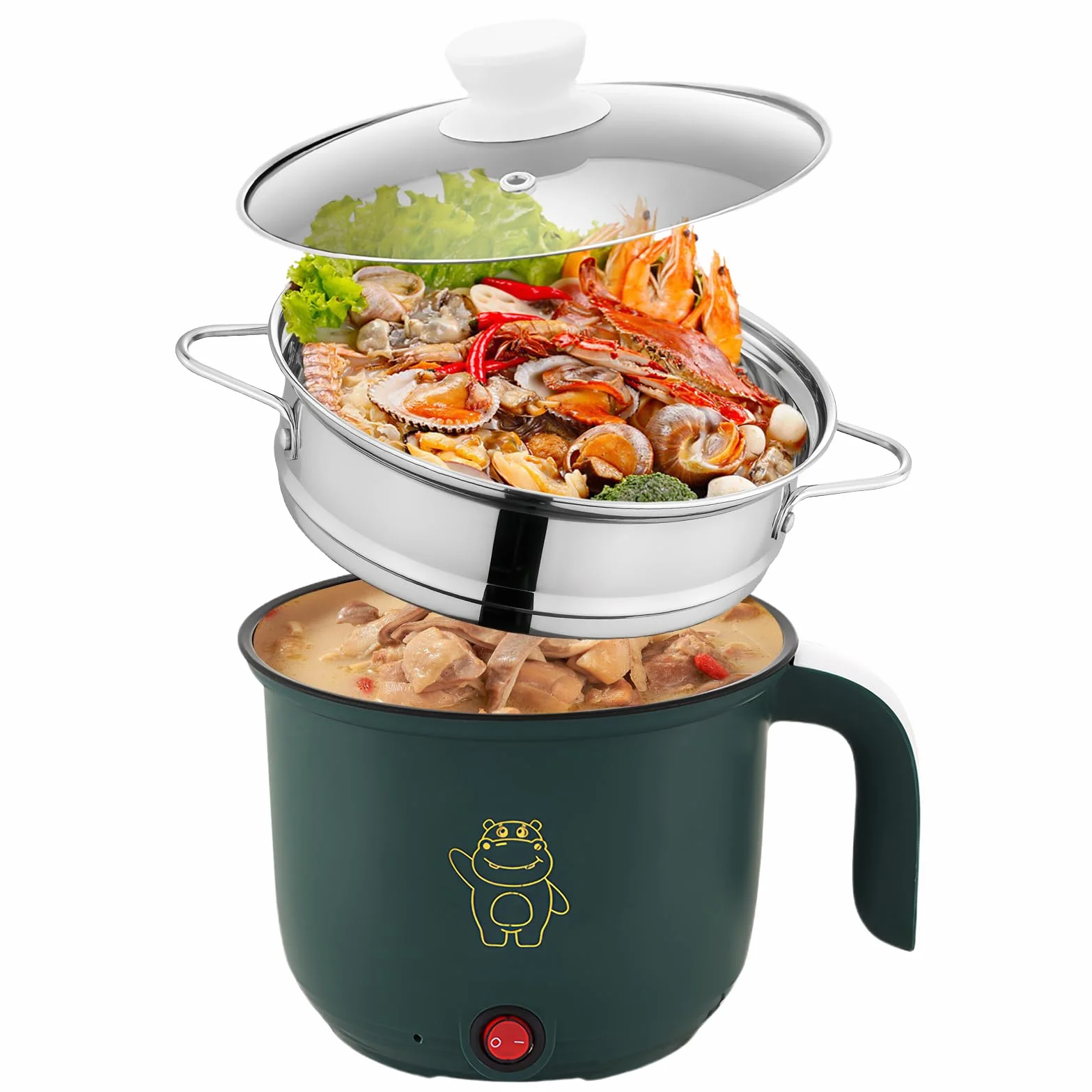 Olla Caliente Eléctrica con Vaporera 1.5L, Mini Sartén Eléctrica Portátil Multifuncional para Cocinar Ramen