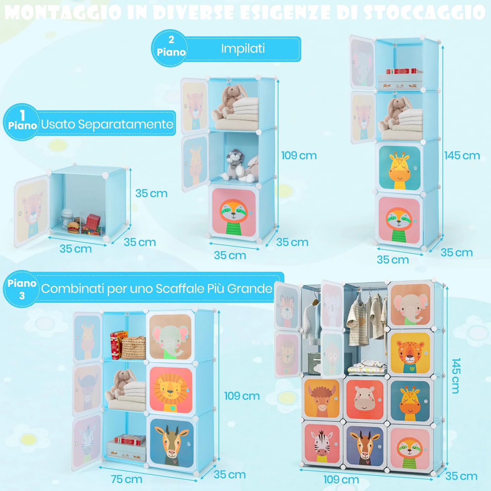 RELAX4LIFE Armadio Modulare a 12 Cubi per Bambini con 2 Barre Appendiabiti, Mobile Salvaspazio per Cameretta, Portata 10 KG per Cubo, Azul Animal