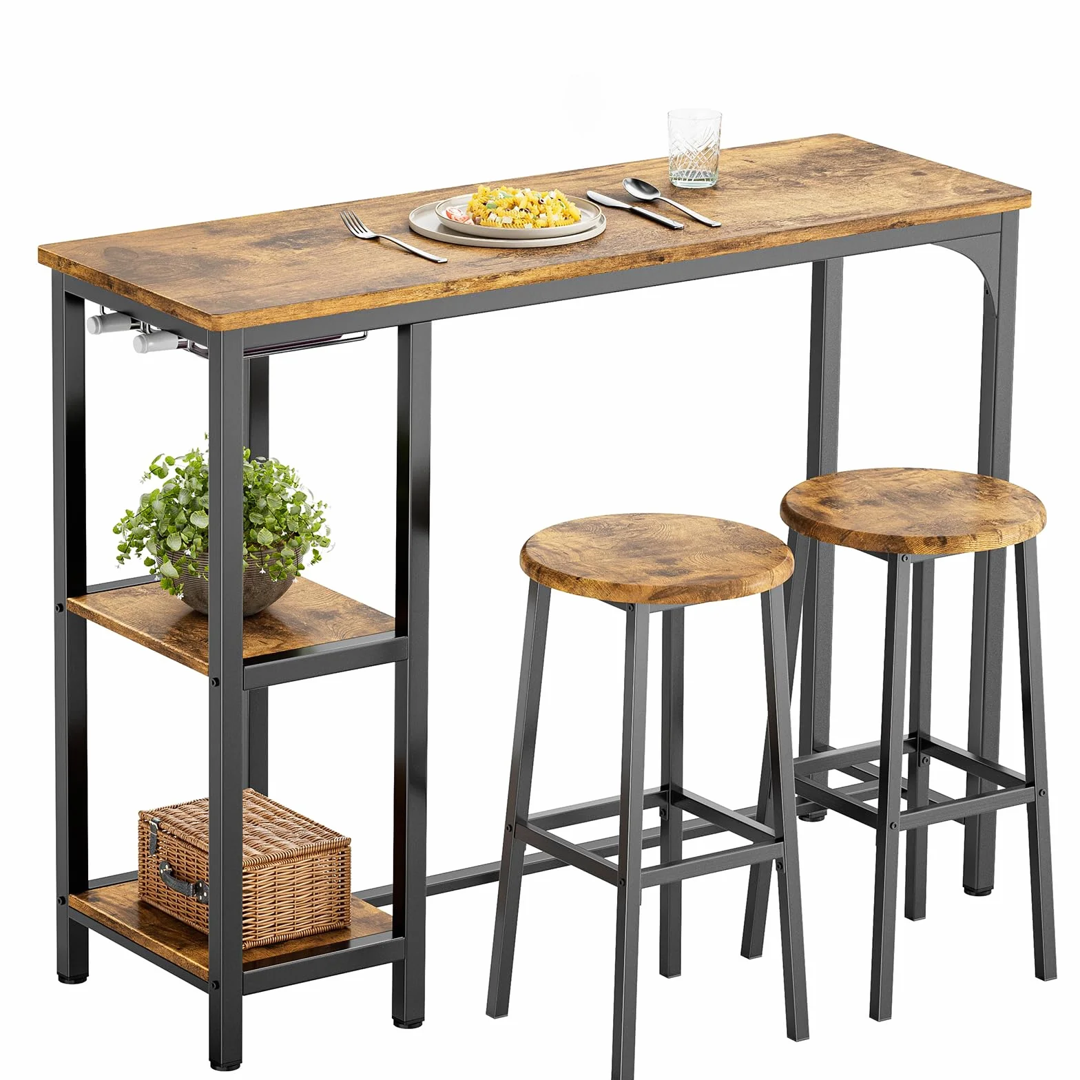 Bealife Juego de Mesa de Bar Alta con 2 Taburetes - Mesa Alta para Cocina o Salón con 2 Estantes y Portabotellas de Vino (Retro)