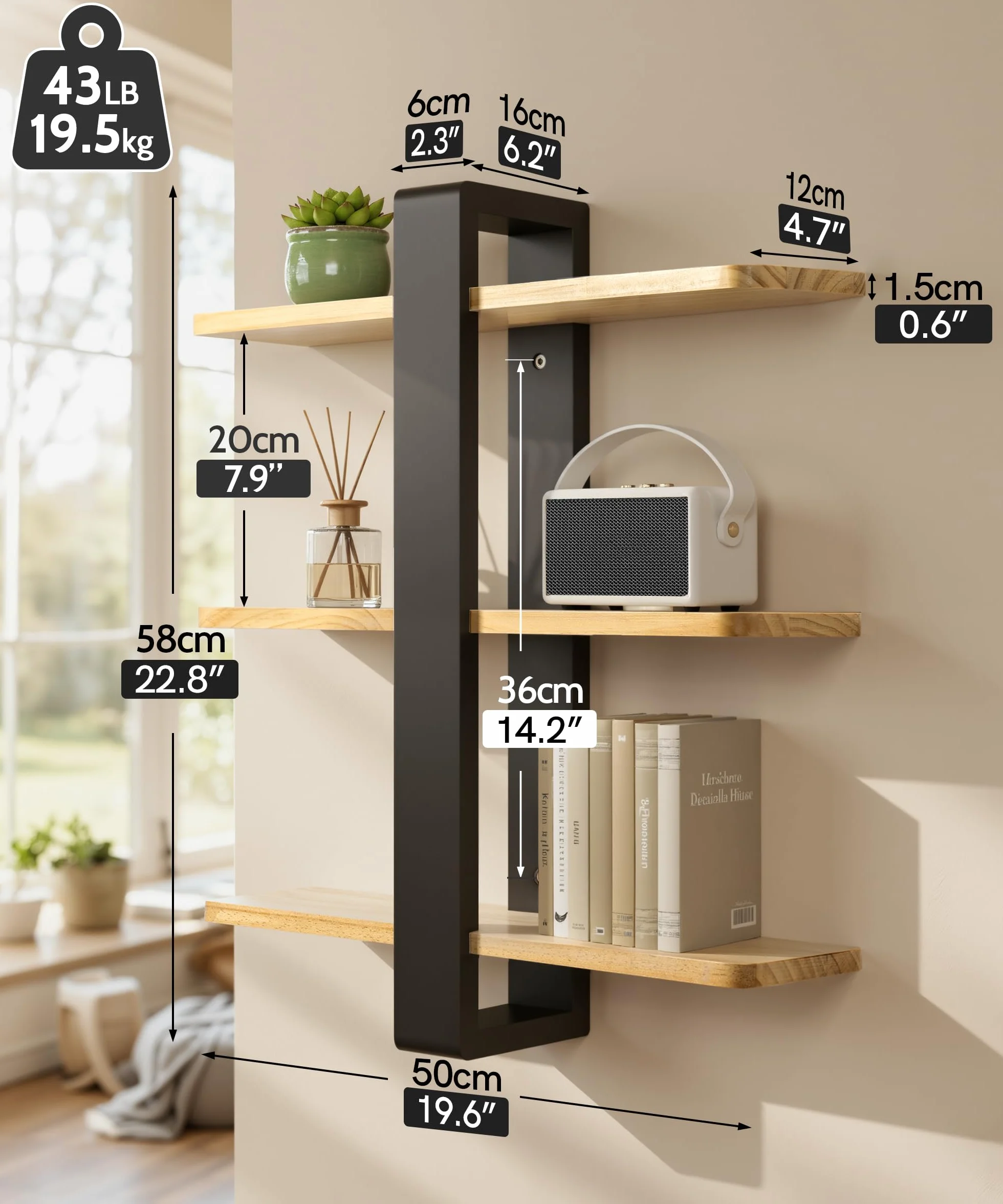 SUMGAR Estantería de Pared 3 Niveles Pino Macizo 50 cm Negro y Madera