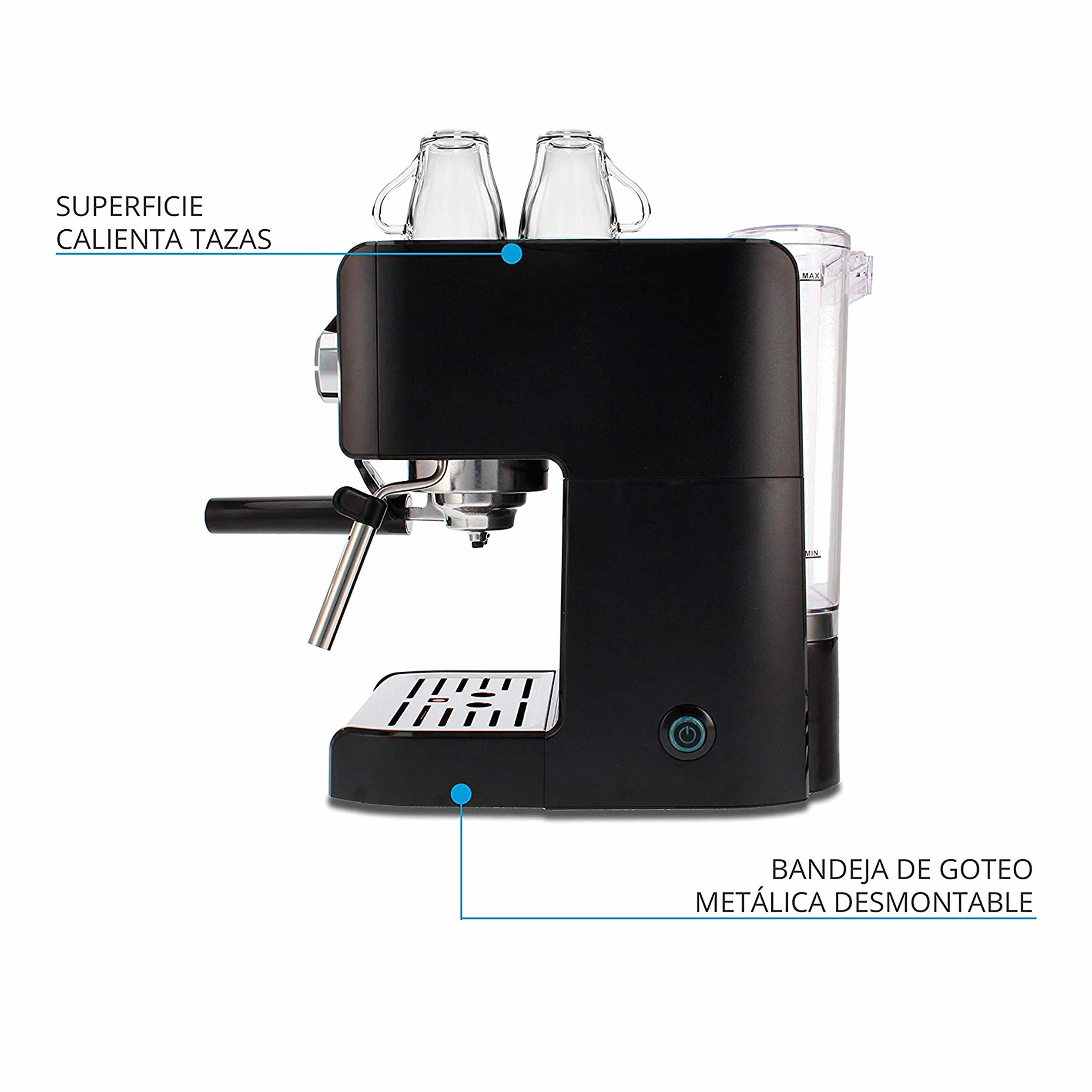 TM Electron TMPCF101 cafetera Espresso Manual con 15 Bares de presión, 1200W, depósito 1,2 L, espumador de Leche, 3 Funciones, Fabricado en Acero Inoxidable