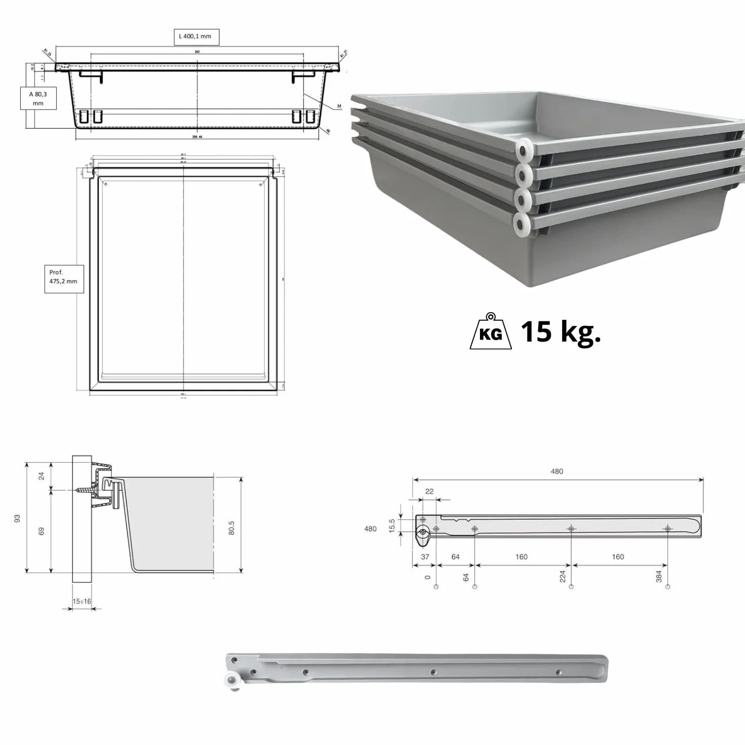 Paquete de 4 cajones en kit. ABS – Lavable 100% – Multiusos (L. 400 mm x P. 480 mm)