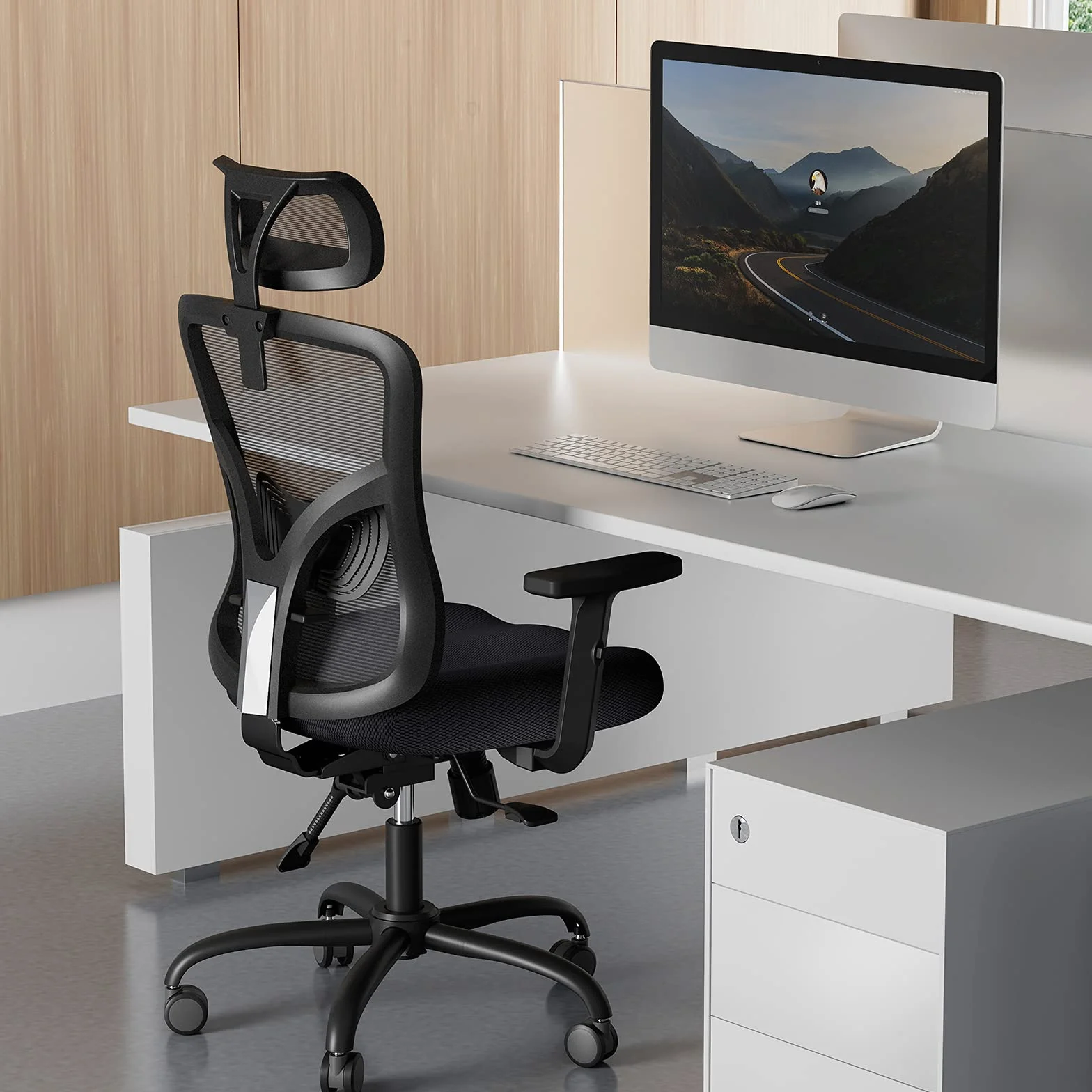 NOBLEWELL Silla de Oficina Ergonómica con Soporte Lumbar, Reposacabezas 2D, Reposabrazos Ajustable, Inclinación 130°