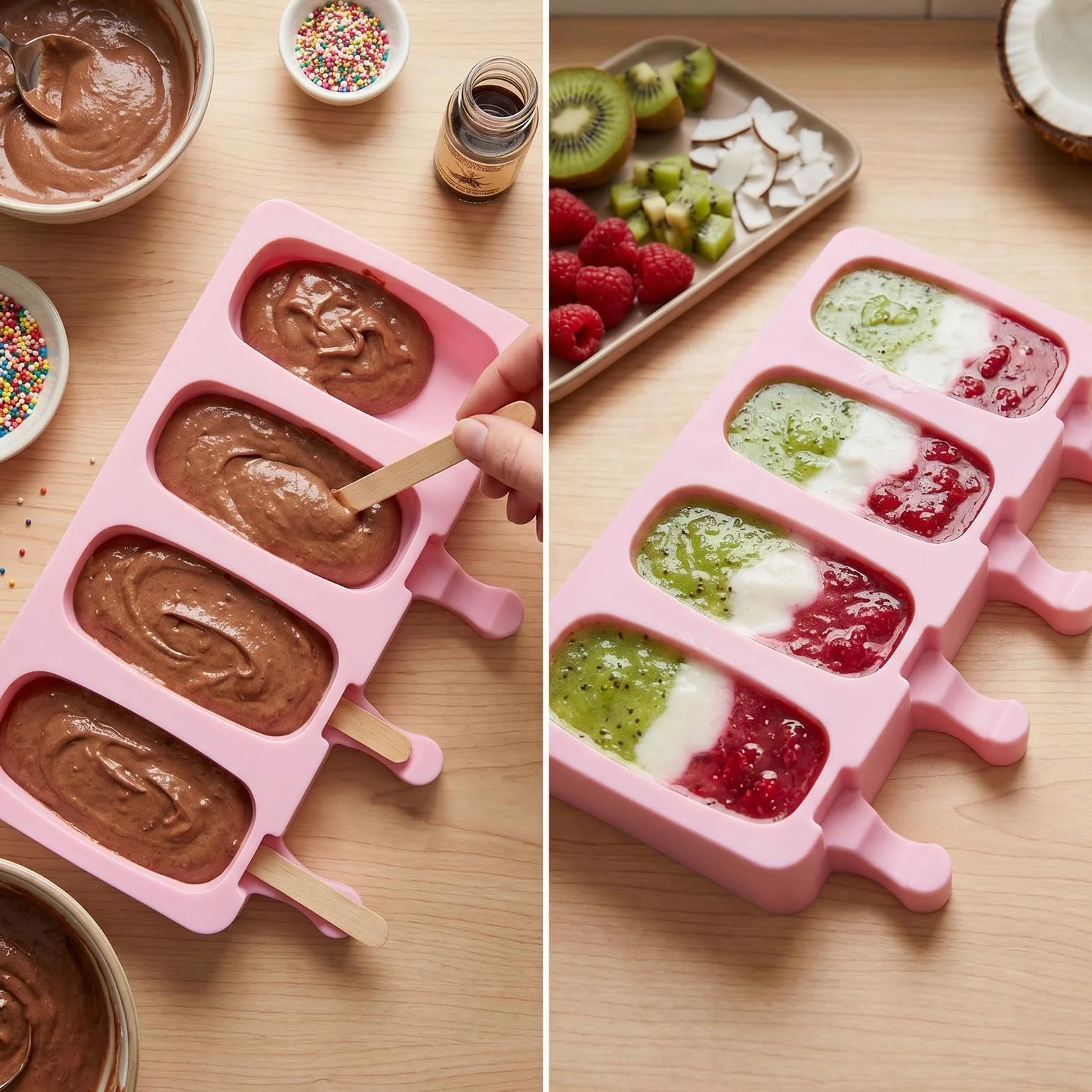 Moldes de Helado de Silicona 26 x 11 cm con 100 Palos de Madera Reutilizables para Paletas