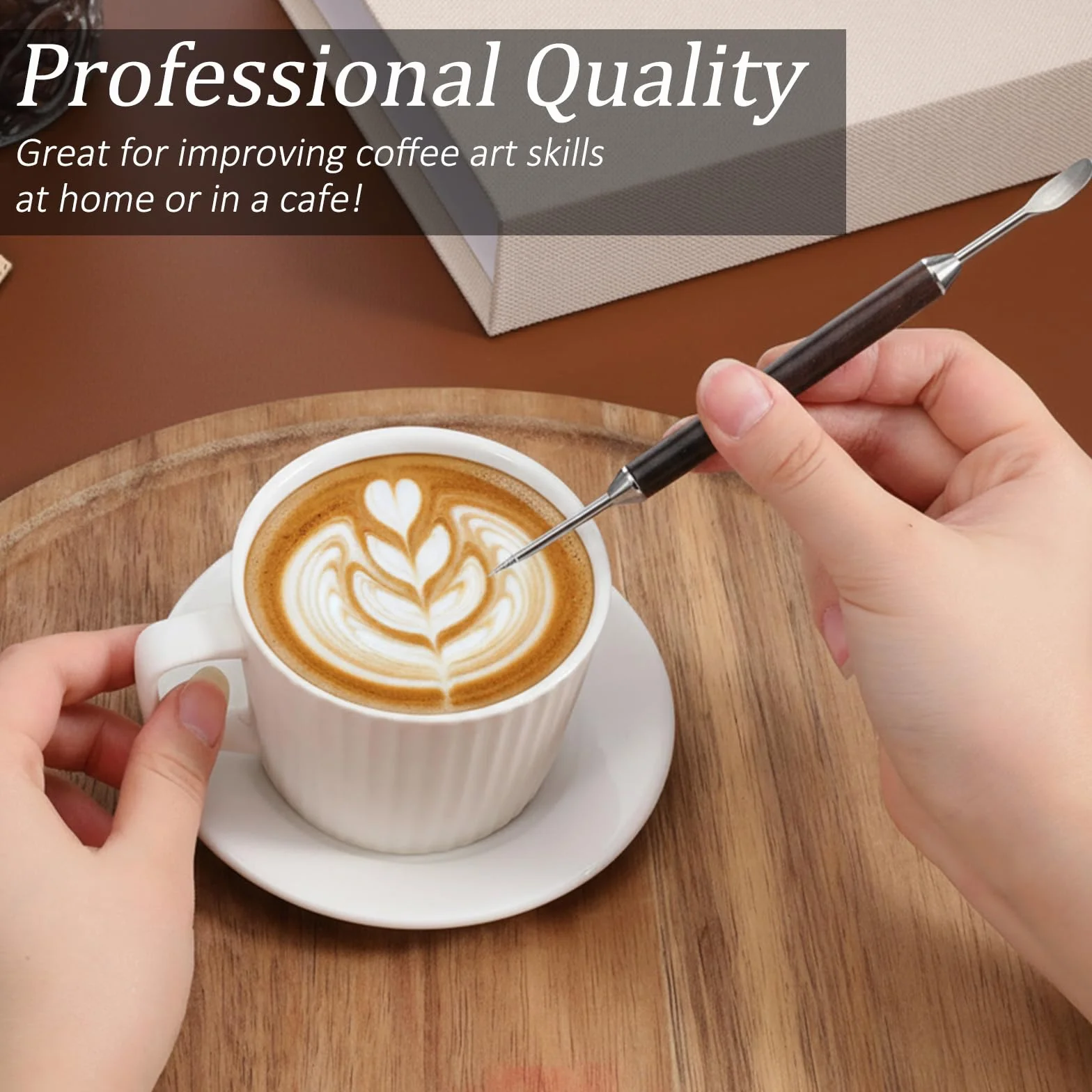 16 cm doble cara café arte bolígrafo, 3 unidades de acero inoxidable Latte Art Pen con mango de madera Barista Latte Art Pen Espresso Decorar accesorios de café para capuchino Latt Dekorier
