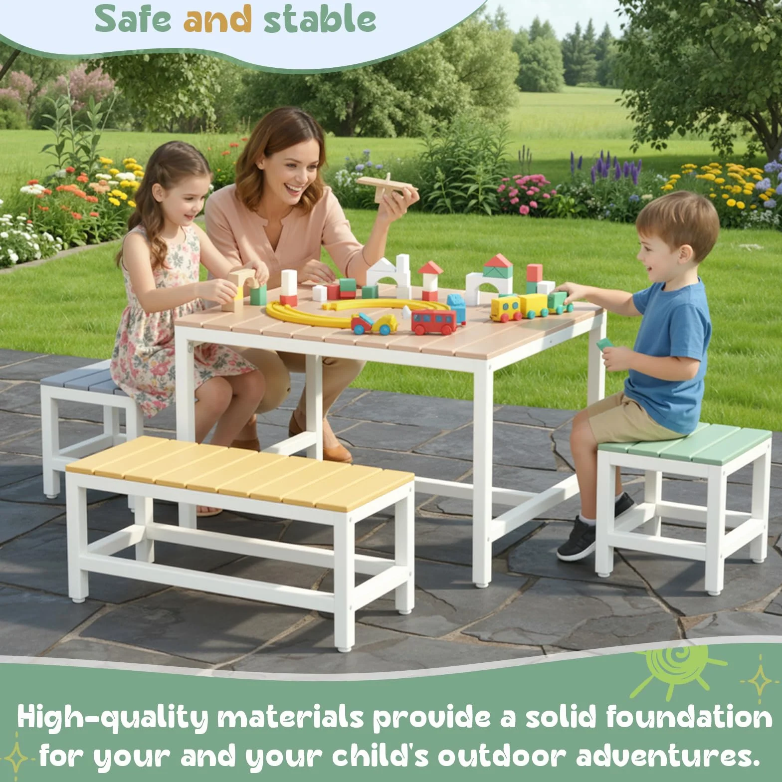 MAMIZO Mesa y Sillas de Terraza Infantiles de Madera con Cubierta Impermeable, 2 PCS Taburetes para Niños 3+