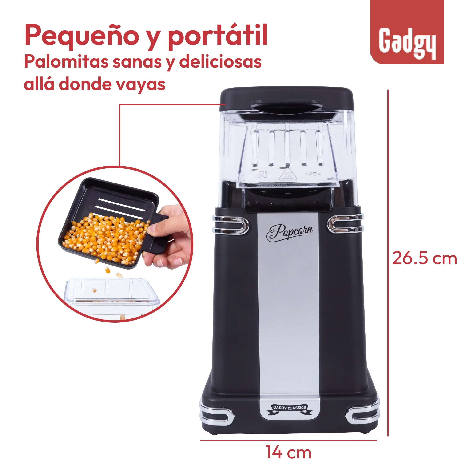 Máquina de Palomitas Gadgy Clásica, Aire Caliente Sin Aceite, Negro Retro